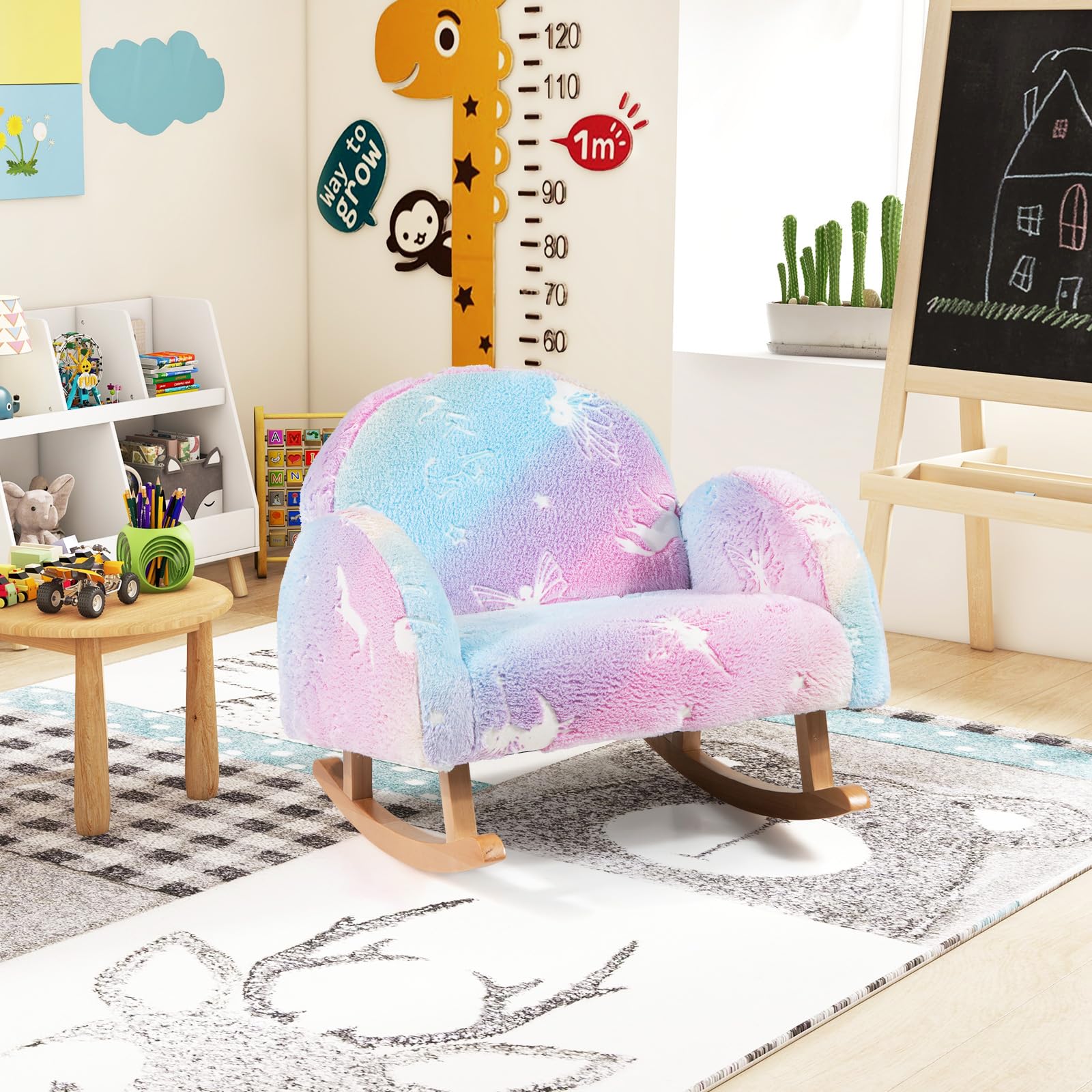 RELAX4LIFE Sedia a Dondolo per Bambini Imbottita, Poltrona Comoda con Effetto Luminoso, Piedi a Dondolo in Legno di Popolo, Schienale Curvo, Cuscino in Spugna ad Alta Densità,