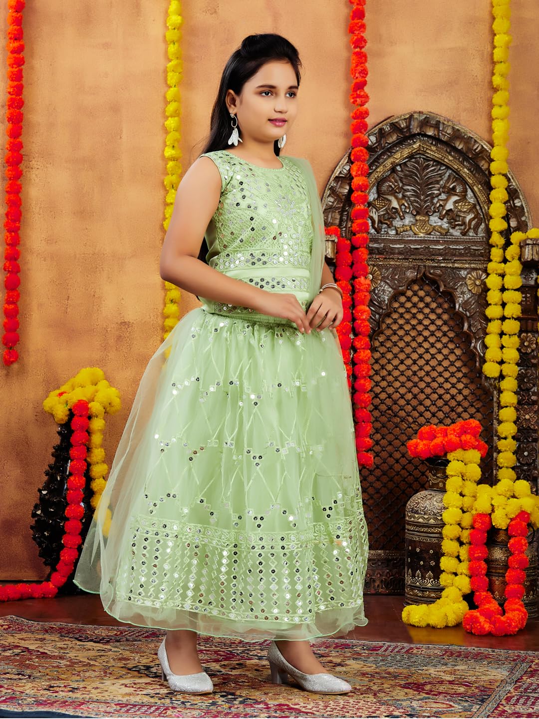 Aarika Girls Ethnic Wear Sea Green Colour Sea Green Thread Embroidery Net Lehenga Choli Set (4-10 Years)