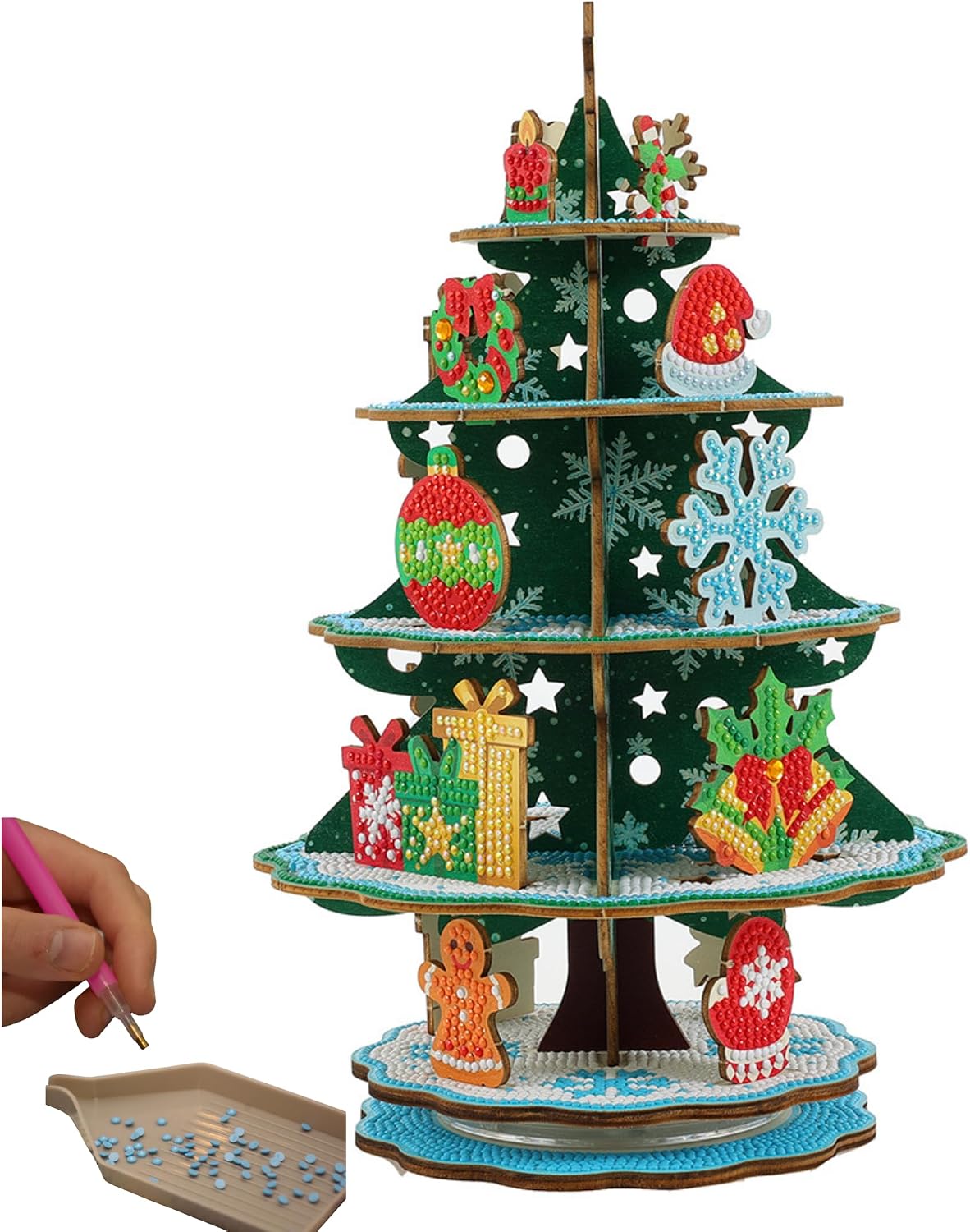 Party Ready Diamond Painting 3D Spinning Christmas Tree Decoration Kit – Multi-Tier Rotating Tabletop Holiday Décor, LED Light Band Included, DIY Rhinestone Drill Mosaic Craft