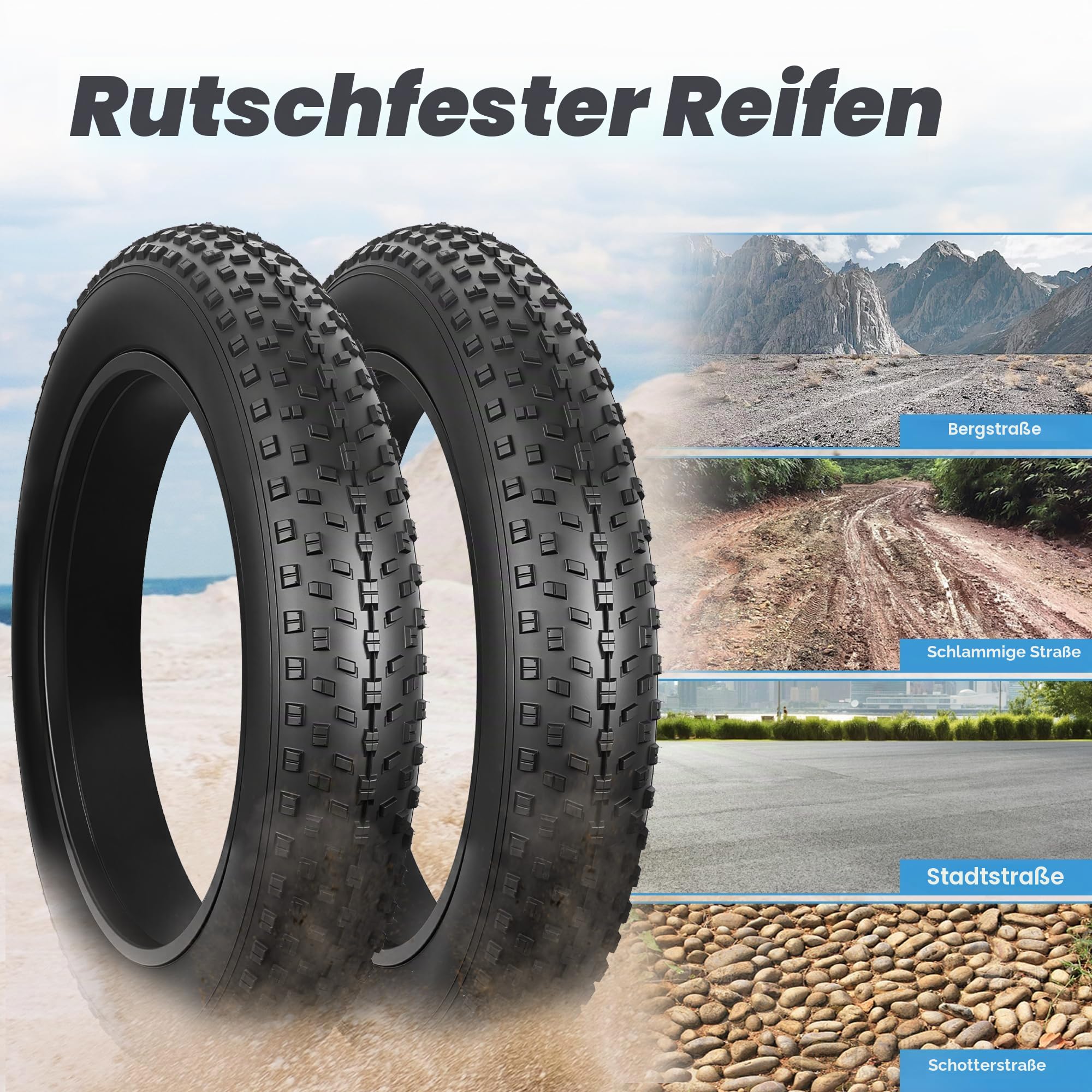 ZUKKA E Bike Fahrradreifen 16/20x3.0/4.0 Fettreifen Heavy Duty High-Performance Wear-Resistant E-Bike Mountain Snow Bike Reifen Schwarz