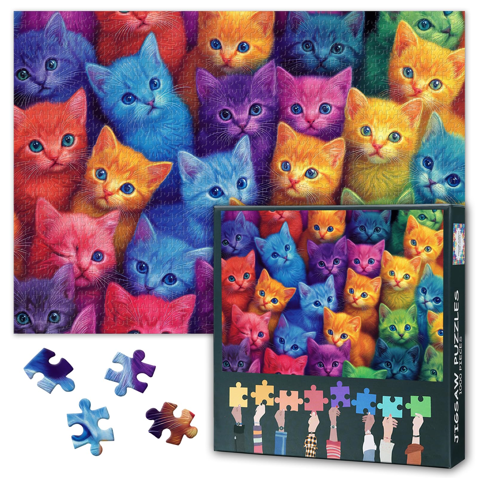 Jigsaw Puzzle for Adults Colorful Kittens, 1000 Piece Puzzles Funny Homes Pet, Cat Art Challenging Puzzle, Family Activity Game Nights Gifts for Jigasw Puzzles Lover (50.5x70.5cm)
