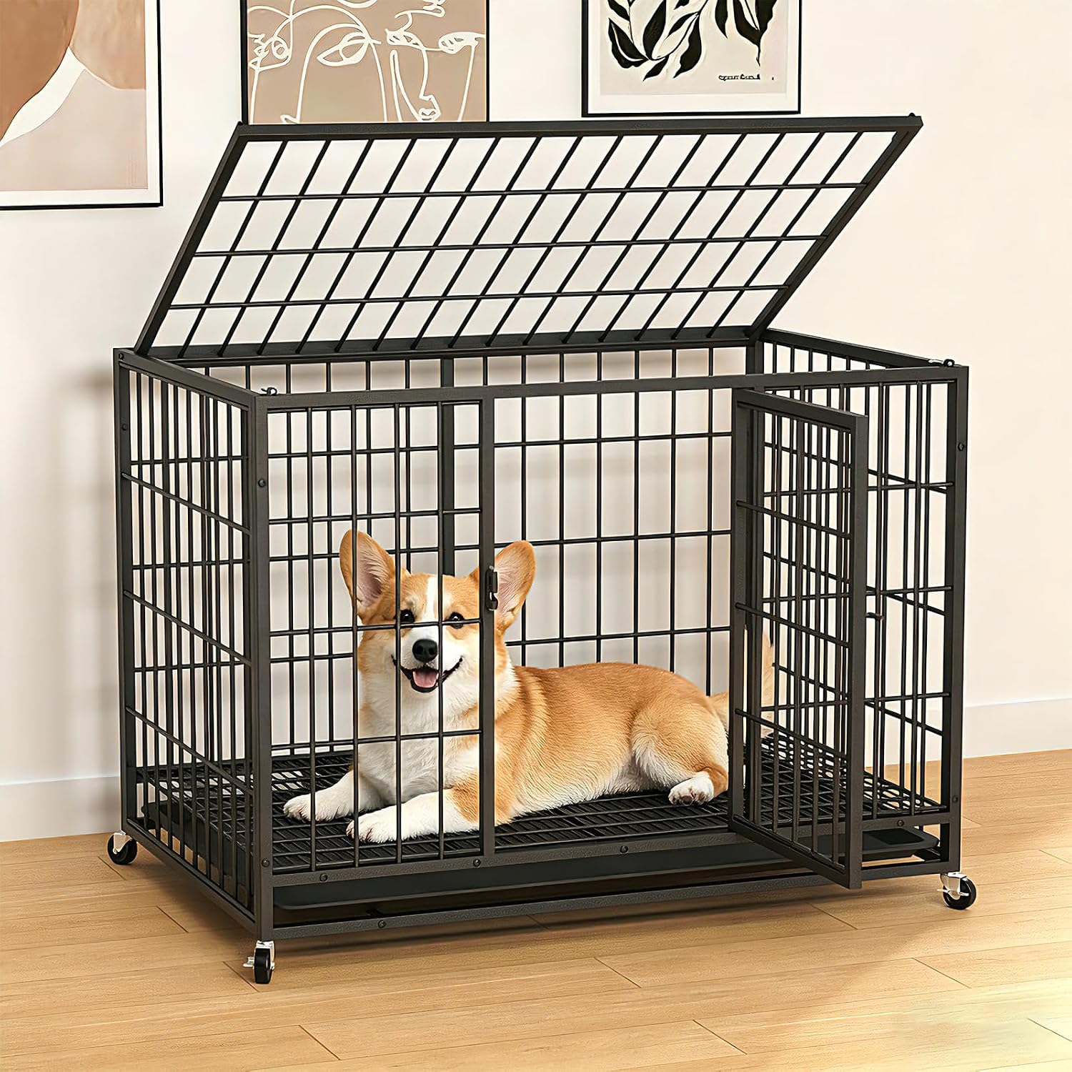 38'' Small Dog Crate, with 2 Doors & Stainless Steel Locks, Indoor Dog Kennel with Removable Tray and Swivel Wheels, Easy to Assemble and Clean, Cage for Small Breeds