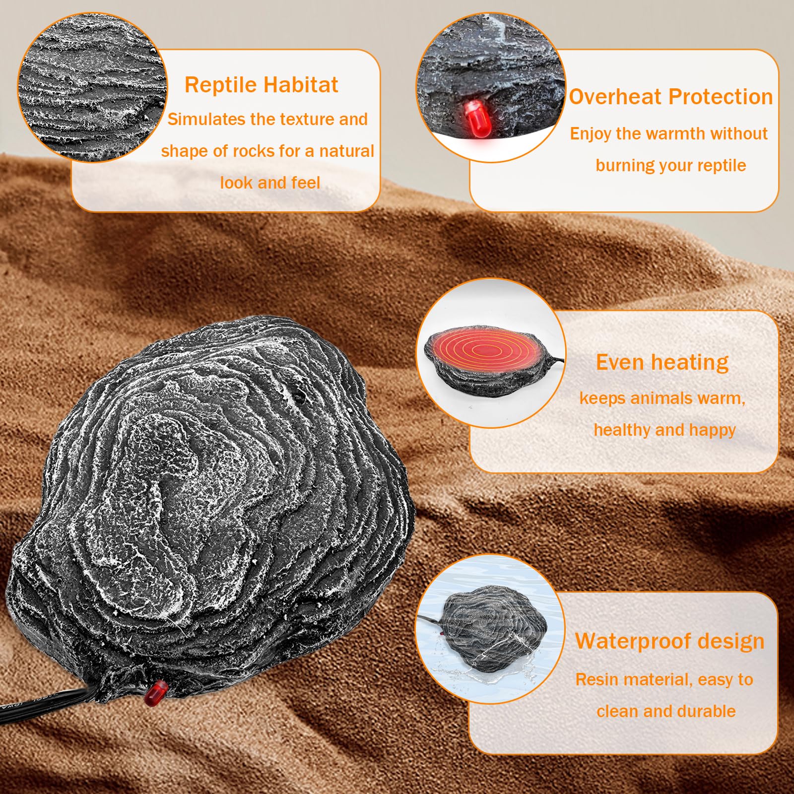 Almohadilla térmica para tanque de terrario de roca de calor para reptiles, plataforma térmica controlada por termostato para dragón barbudo, lagarto, serpiente, camaleón, tortuga, gecko
