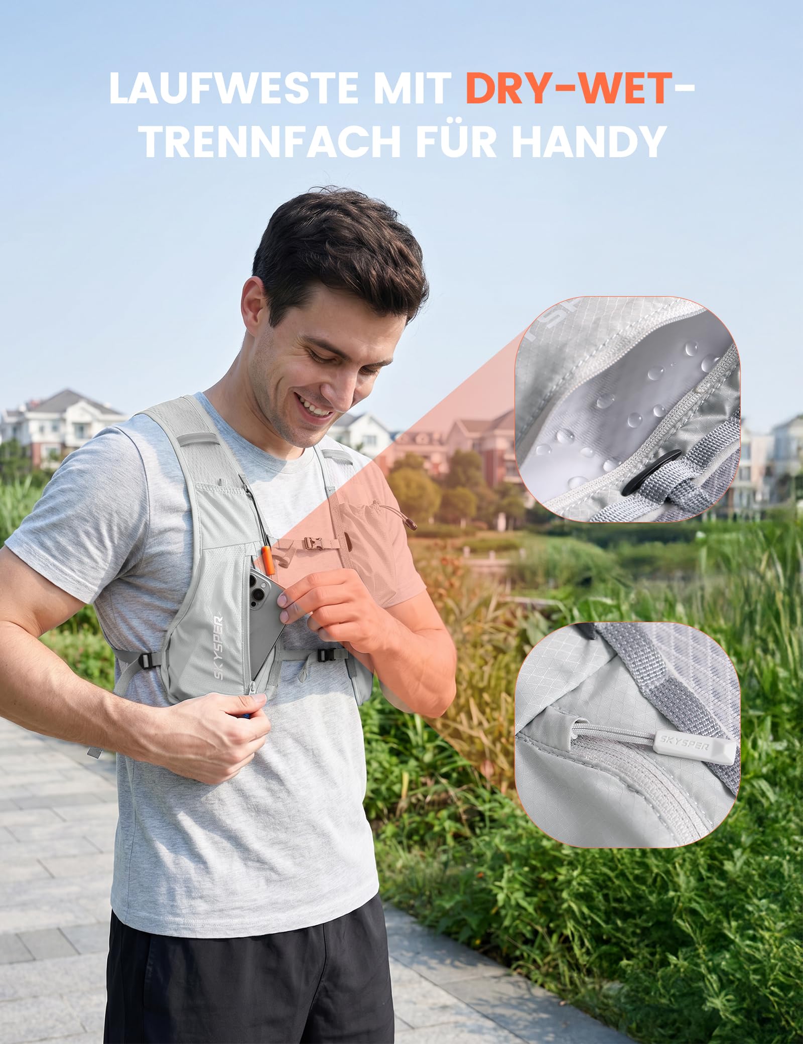 SKYSPER Laufweste für Damen Herren 12L Laufrucksack mit 500ml Trinkflasche Reflektierende Trinkweste Laufen Atmungsaktives Running Vest mit Handyfach für Trailrunning Marathon Joggen