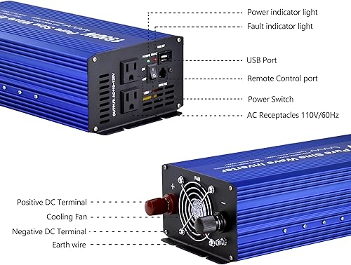 Miniatura 3 de Inversor de corriente de onda sinusoidal pura DC12V a CA 110V con enchufes dobles y USB, kit remoto LCD. (1500W)