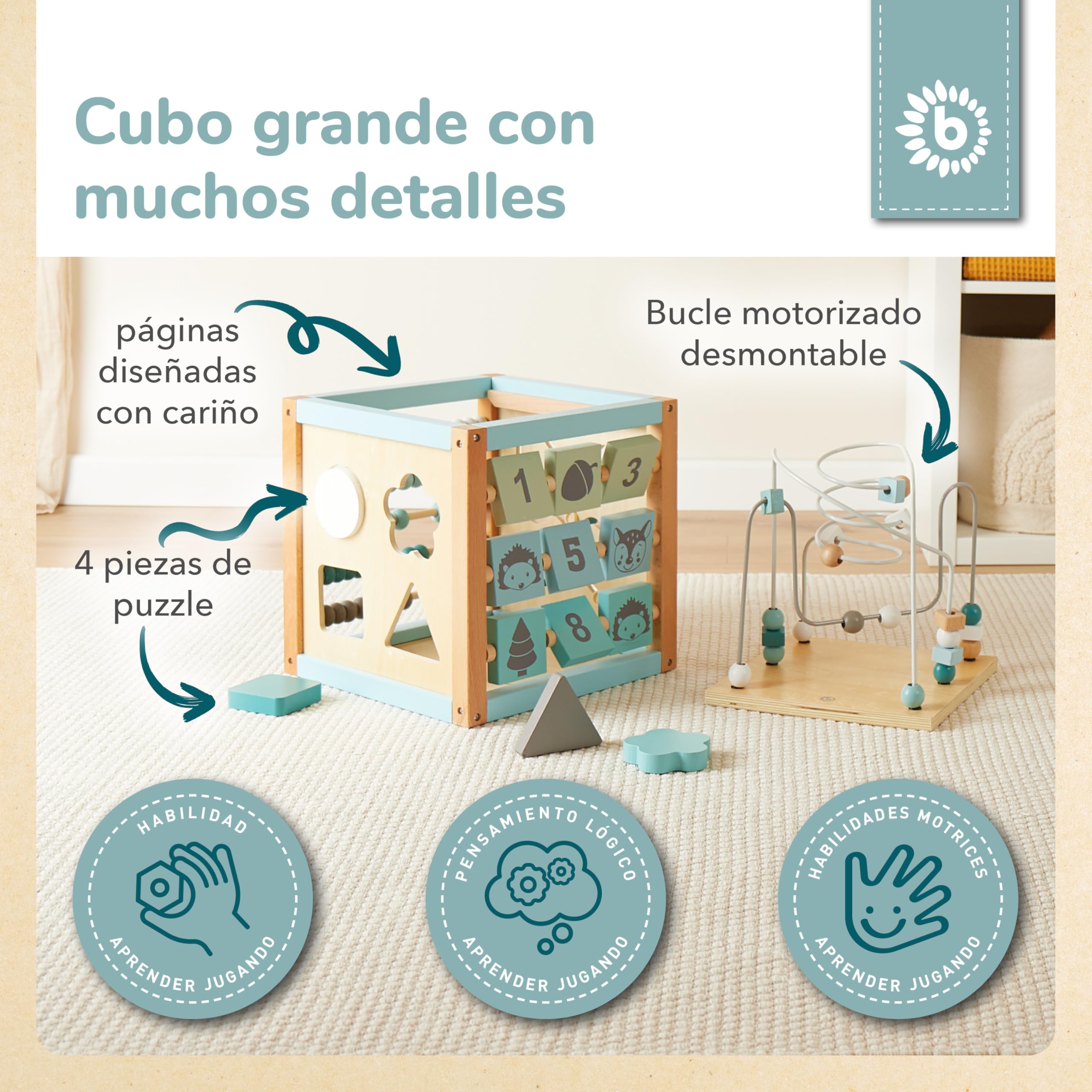 Bieco Cubo de motor XXL Scandi-Chic | Juguete de motricidad a partir de 1 año | Centro de actividad para bebés de 1 año | lazo de madera para bebés a partir de 1 año