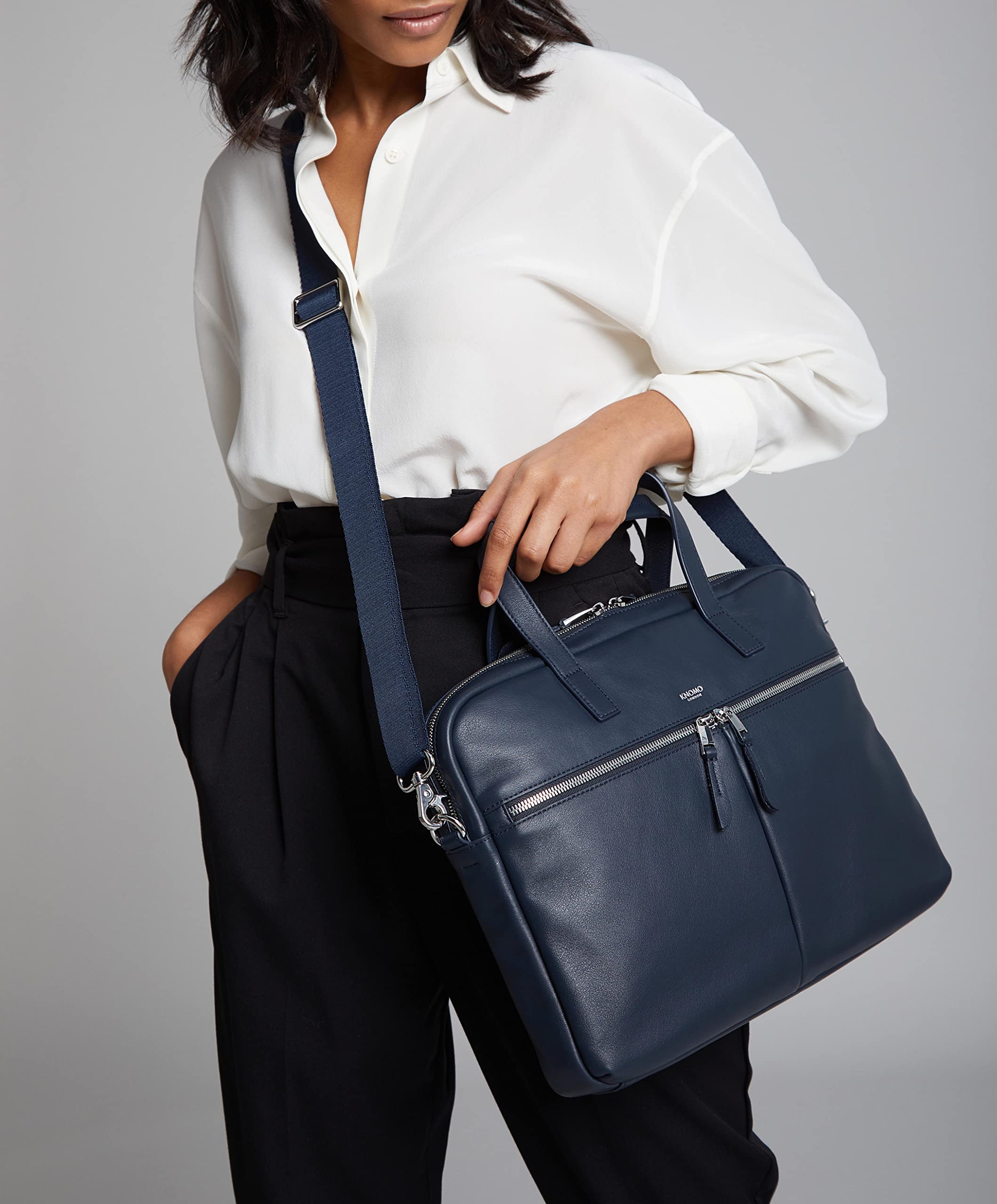 KNOMO Hanover - Maletín para laptop de 14 pulgadas para mujer, bolsa de trabajo delgada y bolsa de mano con correa desmontable, Azul marino