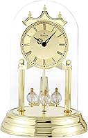 Bulova Tristan I B8818 Desk Clock - Polished Brass Finish, Revolving Pendulum, Roman Numerals, Glass Dome