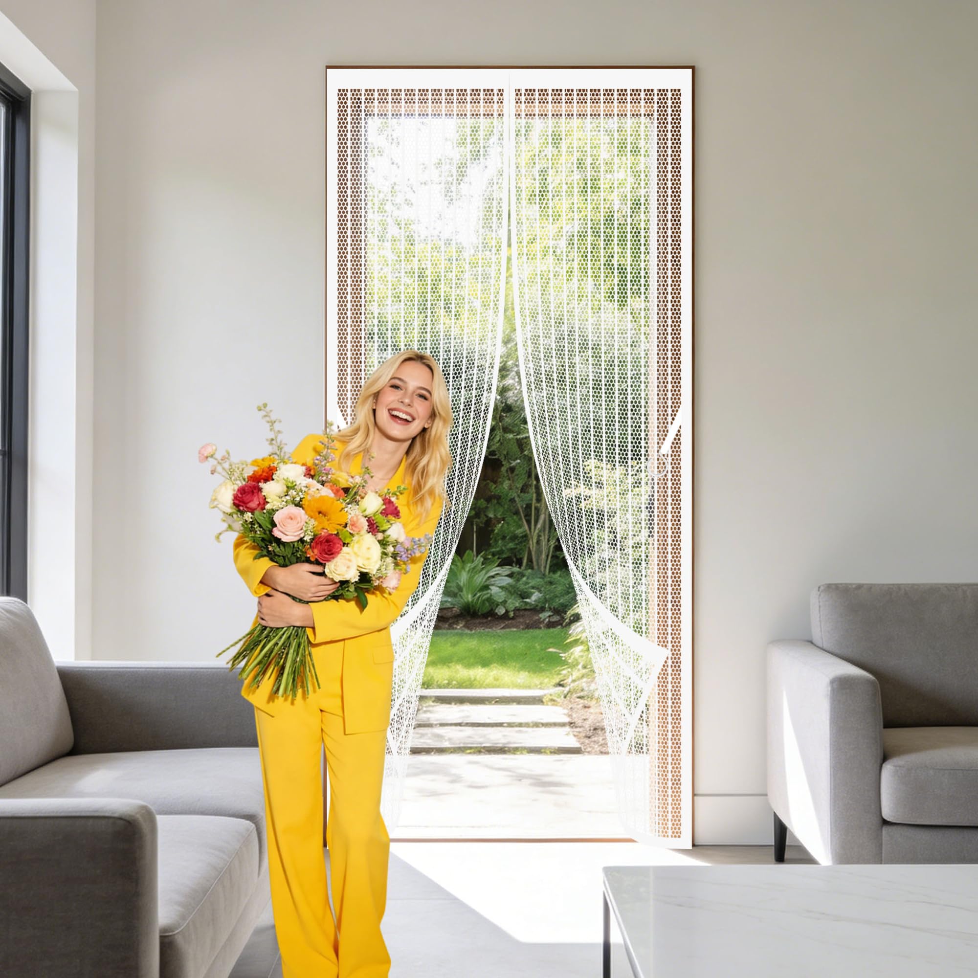 Fly Screen for Doors 138 x 201 cm Hands Free Closing Door Fly Screen Keep Bugs Out Lets Fresh Air for Home, Bedroom, Living Room, Kitchen, Patio, White