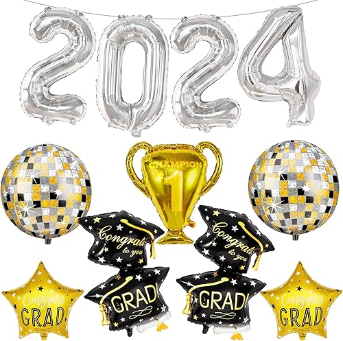 KatchOn, Globos de graduación multicolor de felicitaciones 2024  Paquete de 8  Globos de aluminio 2024 con globos de discoteca de graduación para