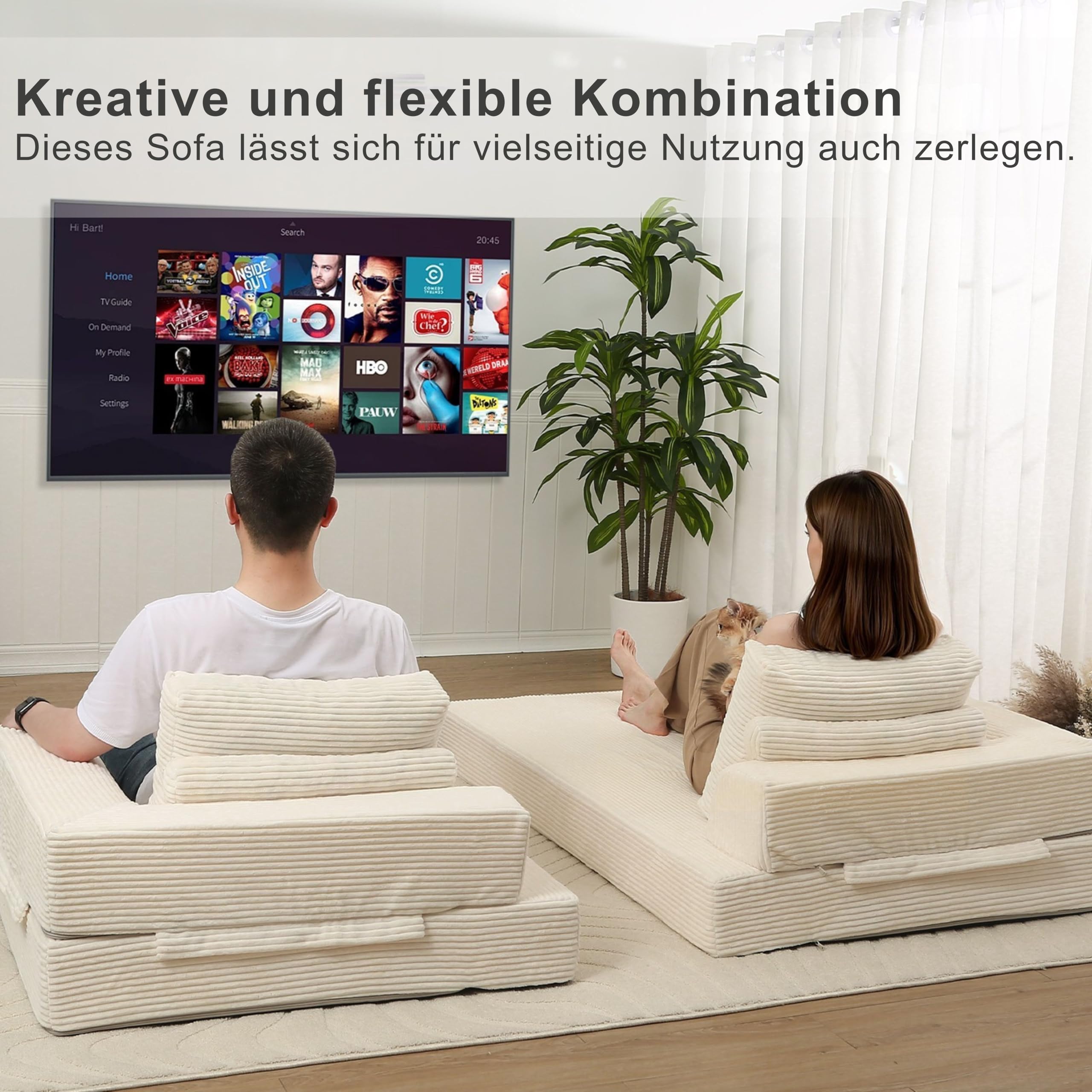 MeMoreCool Boneless Sofa Bett aus Cord – Boden Schlafsofa Convertible Futon mit Kissen, Bequeme Schaumstoff-Matratze, Vielseitige Lounge Cloud Couch für Wohnzimmer & Schlafzimmer, Beige