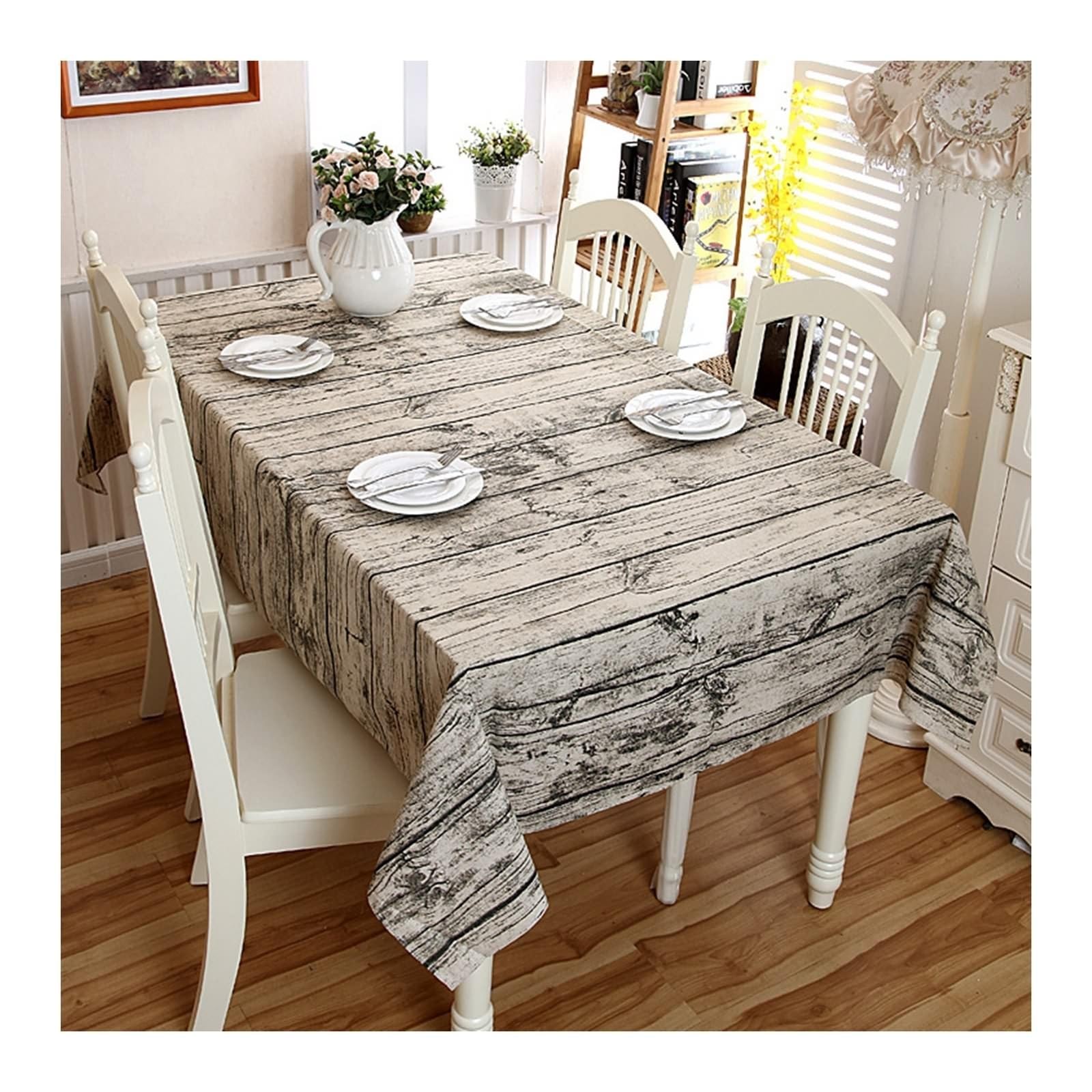 Mantel lavable 140 x 220 cm, mantel de encaje de lino, diseño de madera, color beige y negro, rectángulo