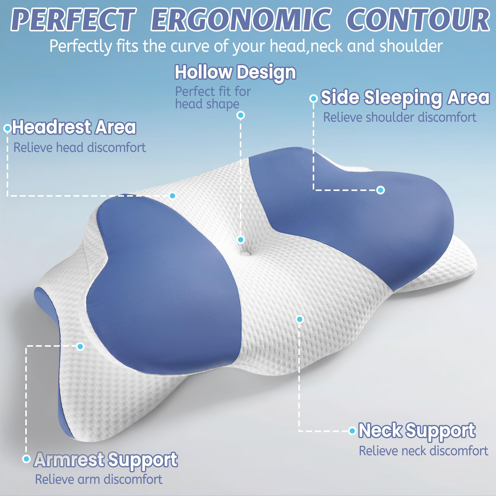 Novent Cuscino Cervicale per Dormire, 2 in 1 Cuscino Ergonomico in Memory Foam, Cuscino per Supporto Cervicale per Dolori al Collo e alla Schiena con Federa Rimovibile, 66.4x40.3x9/14 cm