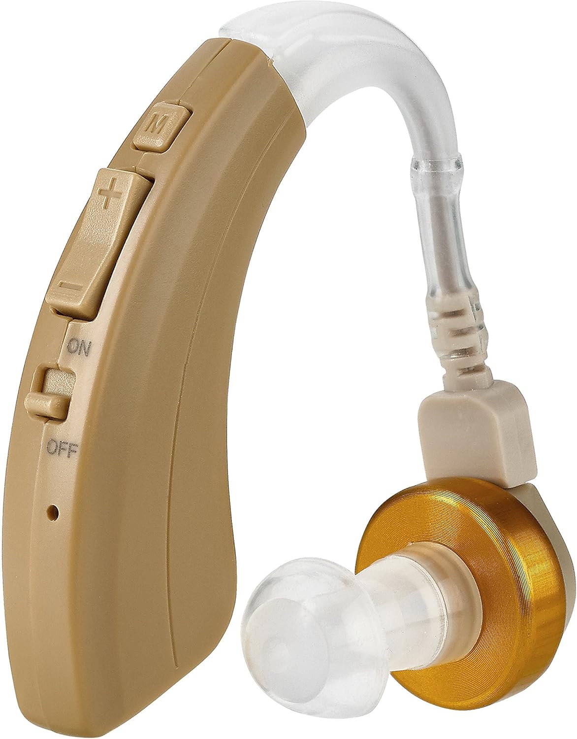 Close-up view of the MEDca Digital Rechargeable Hearing Amplifier showing the ON/OFF switch, volume buttons, and mode button.