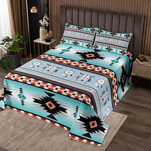 Erosebridal Juego de colcha occidental tamaño King, diseño del suroeste, diseño de calavera de toro exótico, acolchado para niños, atrapasueños,
