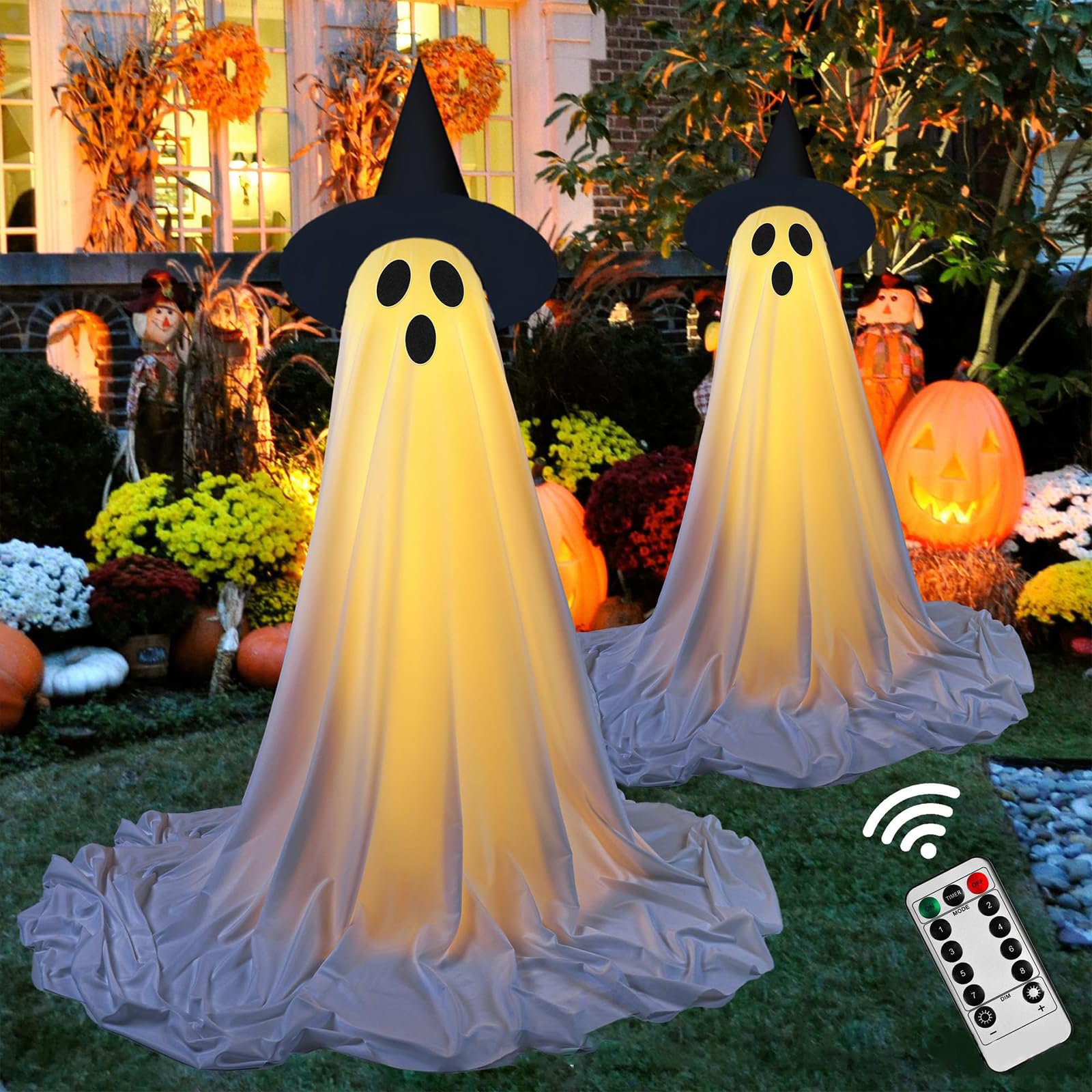 2PCS Sparkling Spooky Ghost Halloween Decorations, Large Standing Outdoor Light up Ghost Decor with Remote for Home, Yard, Porch