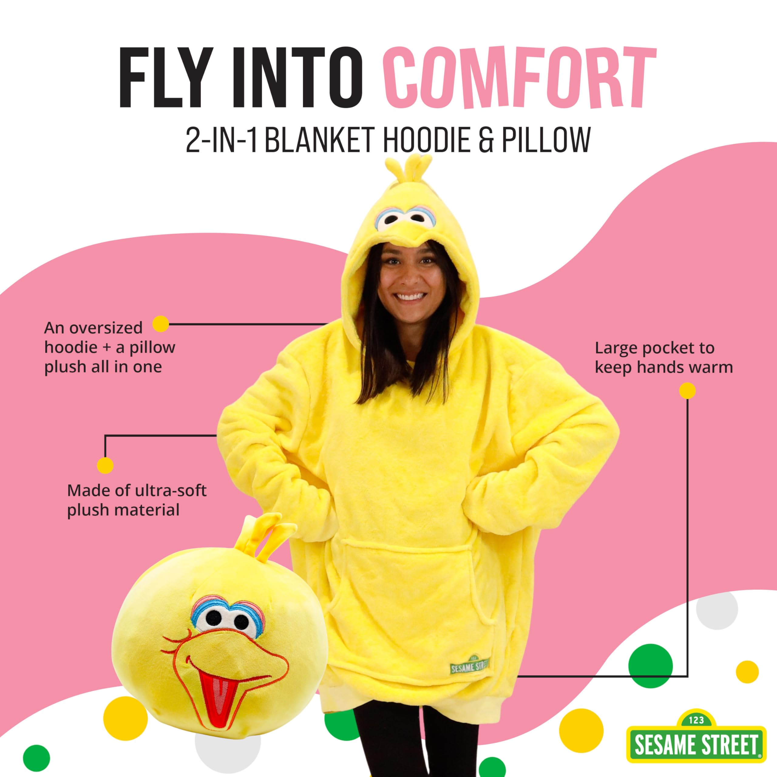 Sesame Street Big Bird Snugible Wearable Blanket Hoodie by Plushible – Oversized Sweatshirt with Pocket, Cozy Gift for Adults Women Men