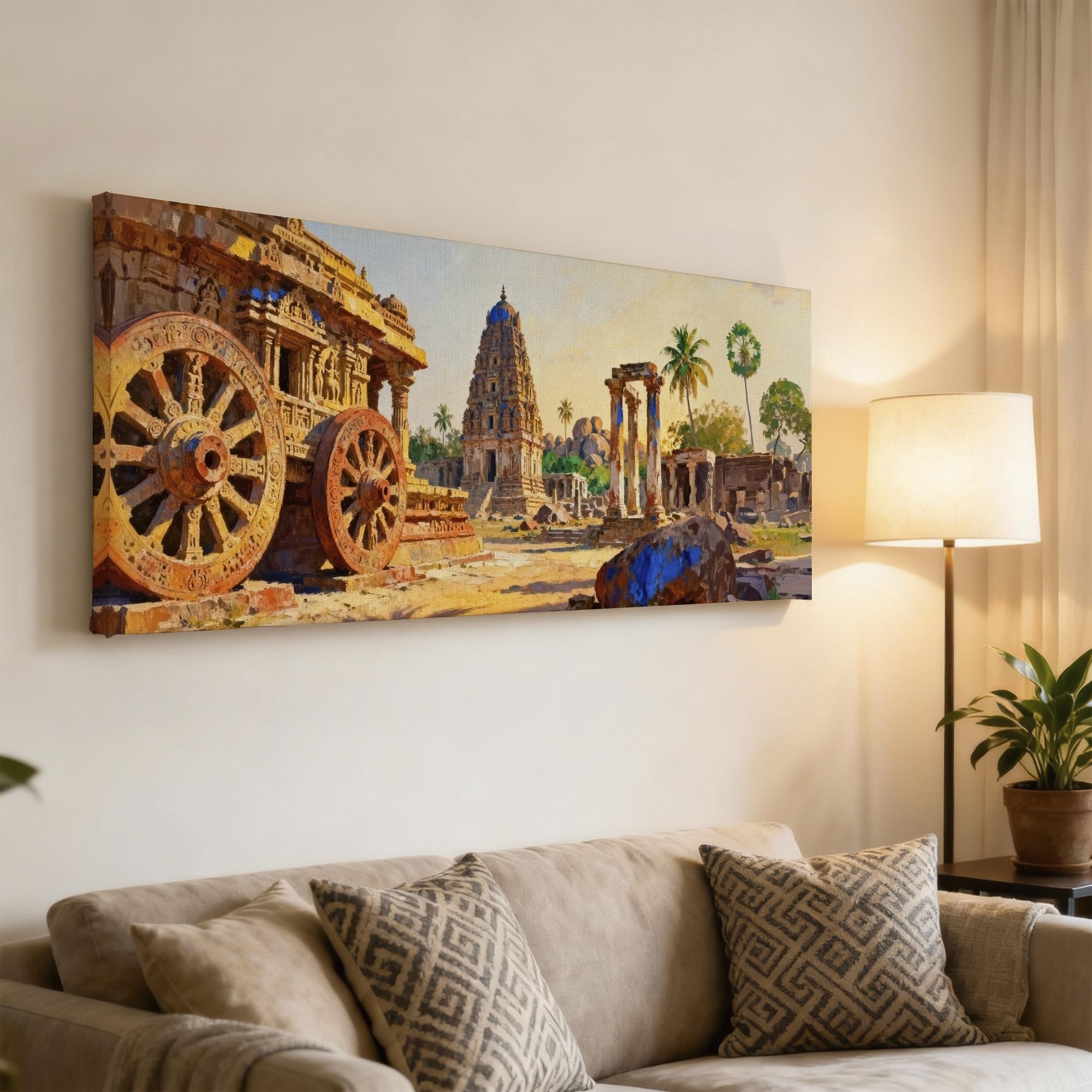 SoulAbiti Hampi Ruins & Stone Chariot Unframed 36x14 inches Rolled Canvas Wall Expressionism Art UV Print Painting for Living Room, Bedroom & Office Decor Premium Gloss Vivid Fade-Resistant Print 2