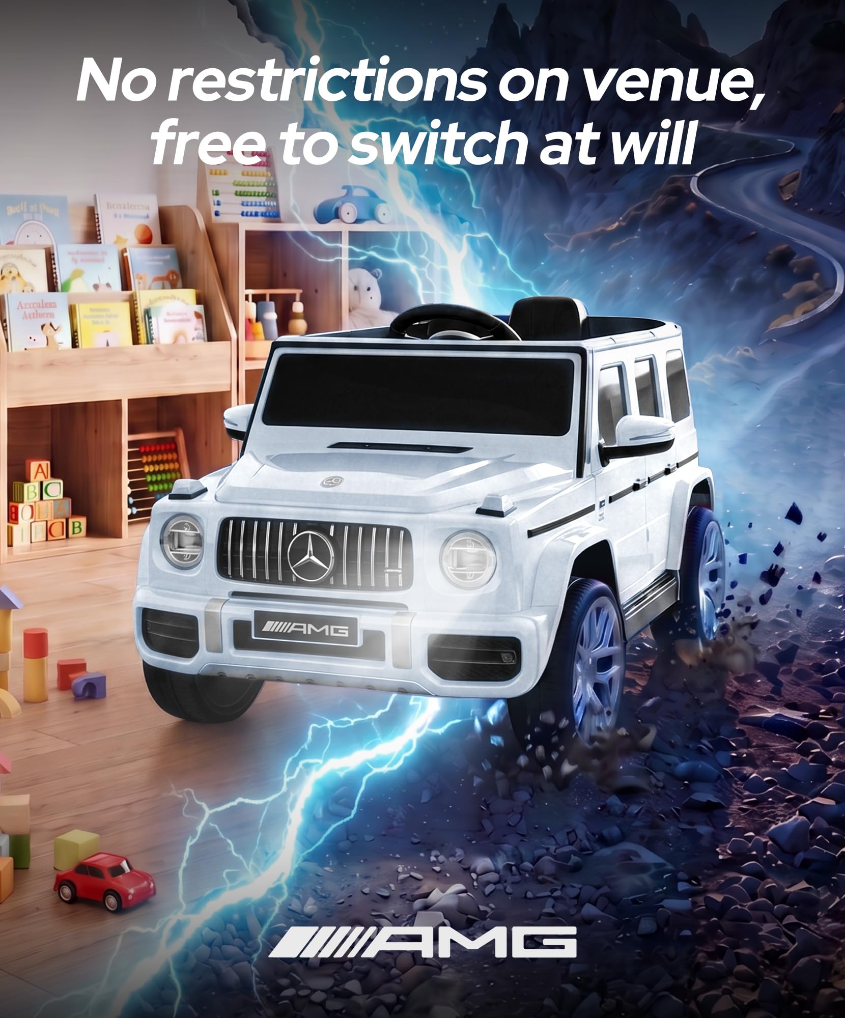 ELEMARA Mercedes-Benz AMG G63 - Auto elettrica per bambini con controllo genitori, giocattolo per camion con sospensioni a molla, Bluetooth, luci tremolanti/luci LED, bianco