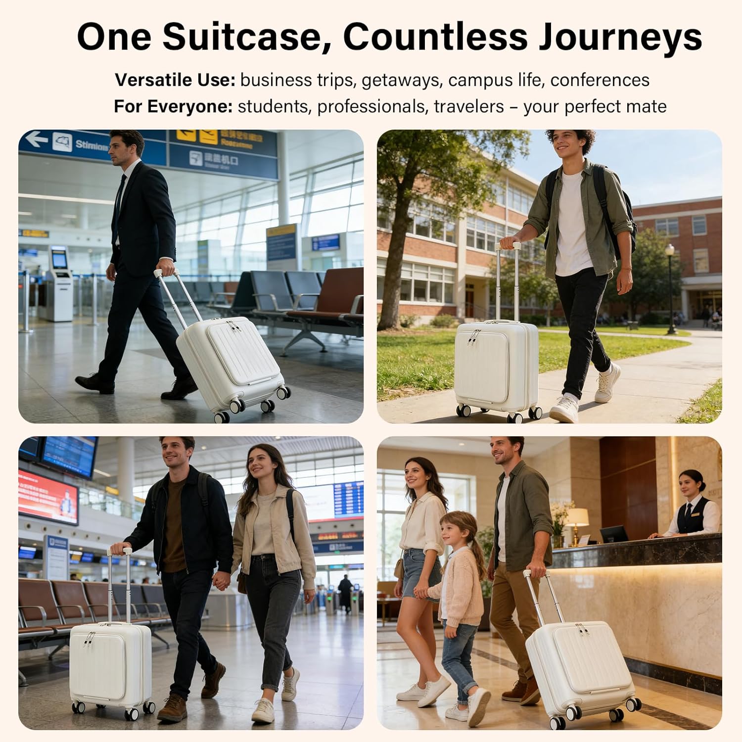 18 Inch Carry On Suitcase with Front Lid & USB Port, Lightweight ABS Cabin Luggage with Cup Holder, Password Lock, 4 Wheels for Business Travel, Weekend Trips (White)