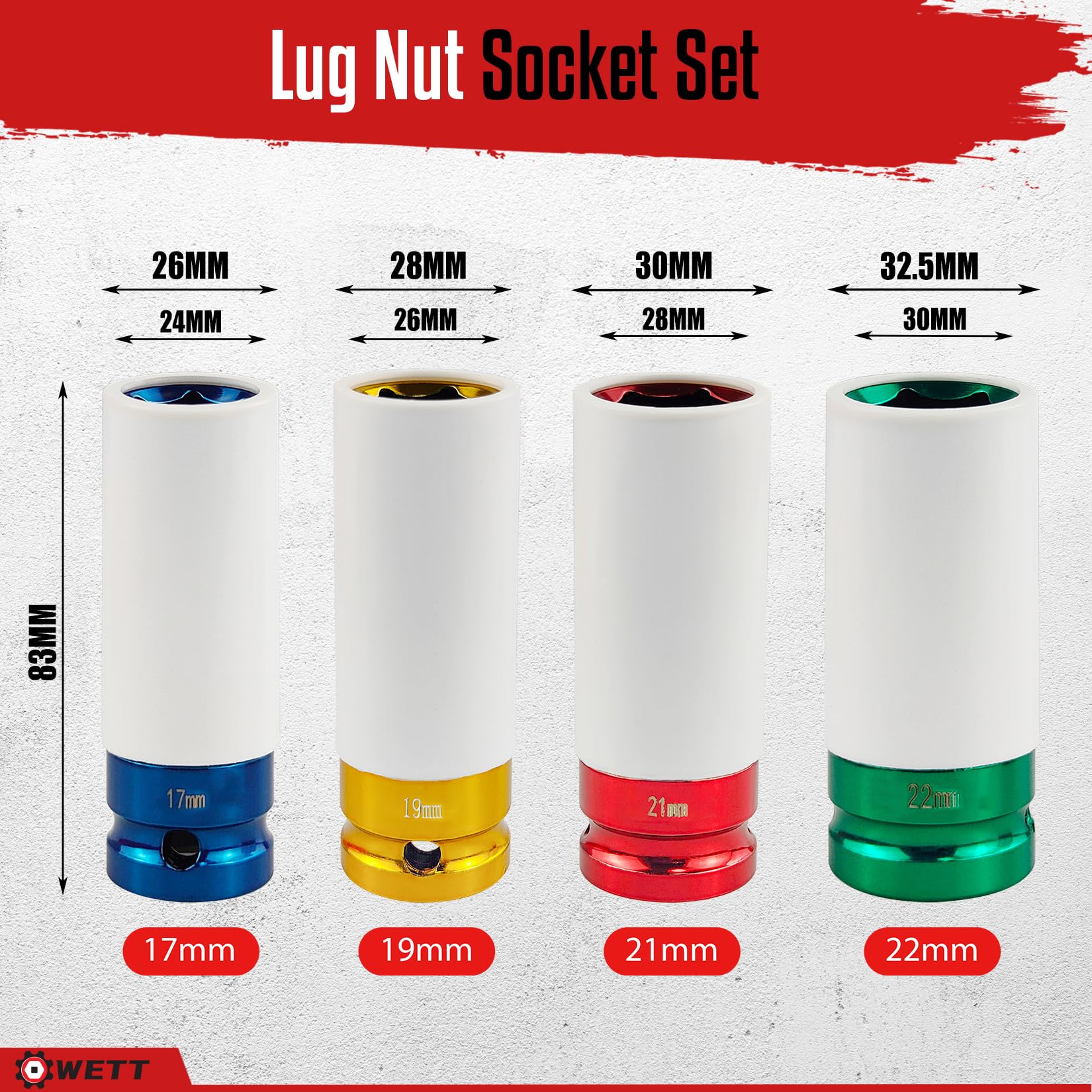 WETT Juego de 4 tuercas de 1/2 pulgada, protector de rueda de transmisión, juego de llaves de impacto profundo de pared fina, 6 puntos, métrico, 17 mm, 19 mm, 21 mm, 22 mm, tuerca de plástico