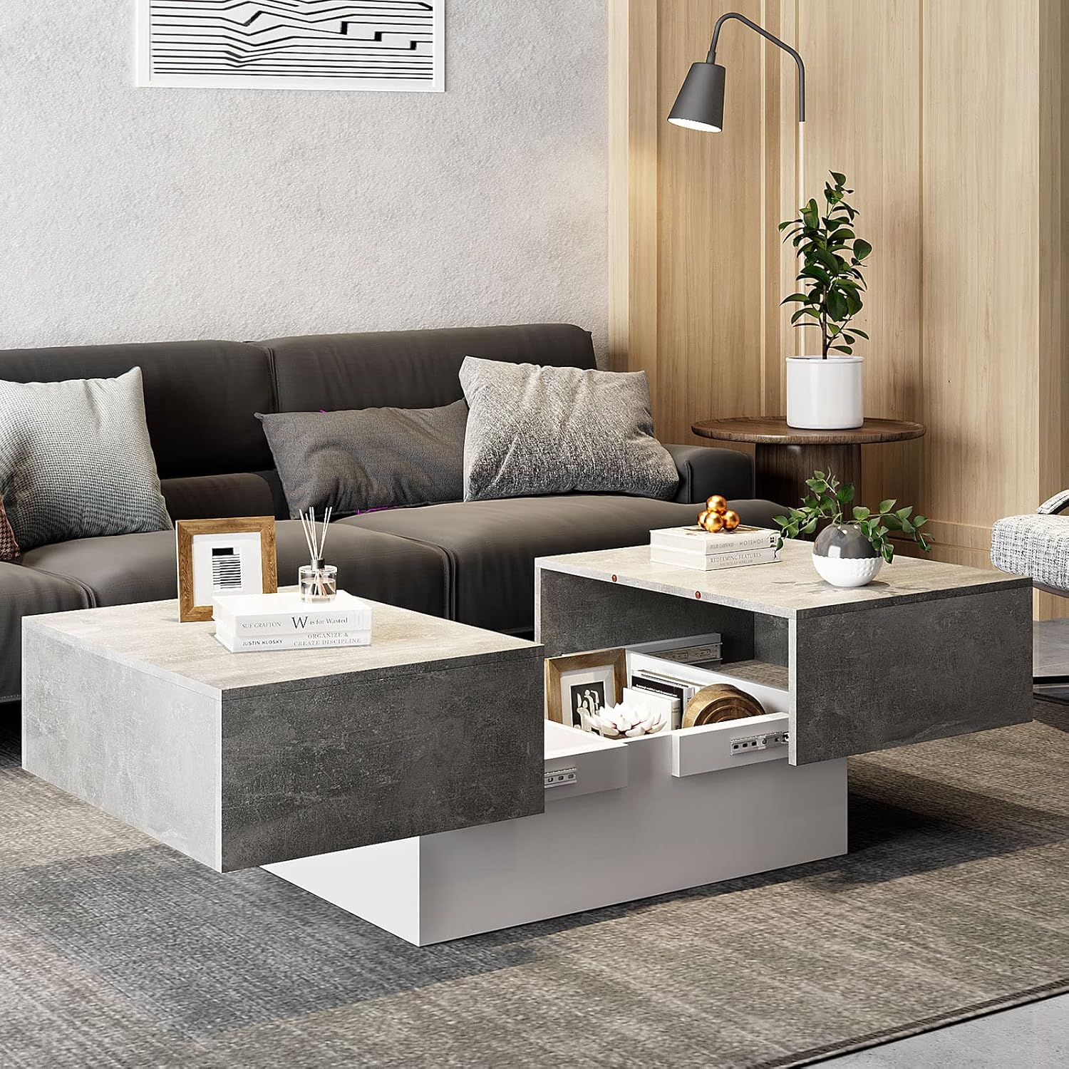 Coffee Table for Living Room Sliding Top with Hidden Storage, Wooden