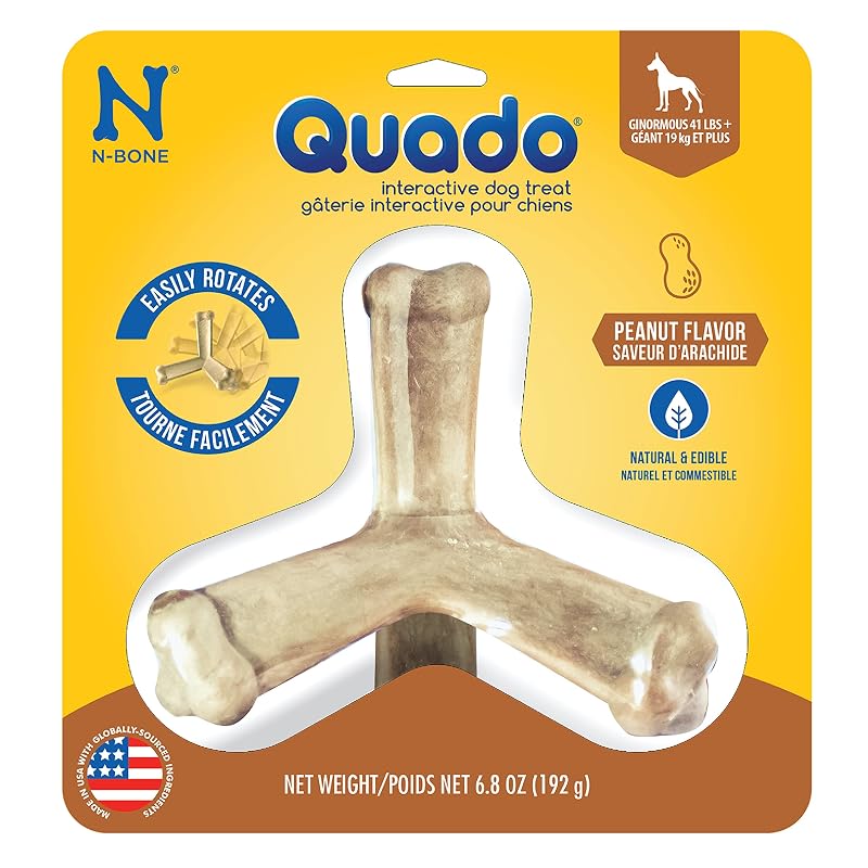 Osso mastigável comestível para cães N-Bone Quado sabor de amendoim, design quad de fácil pegada, 198 g