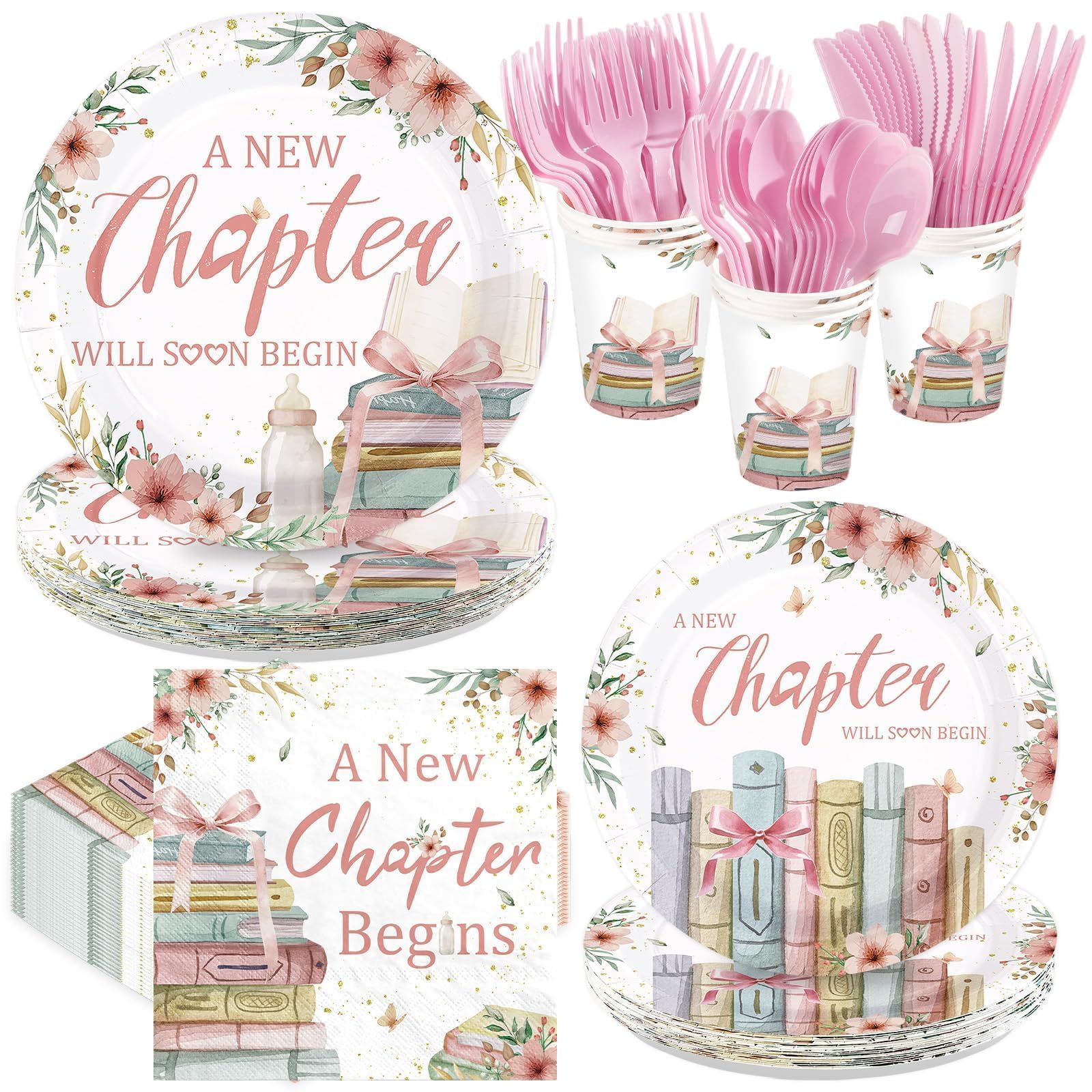 168Pcs A New Chapter Is About to Begin Baby Shower Decorations, Serves 24 Pink