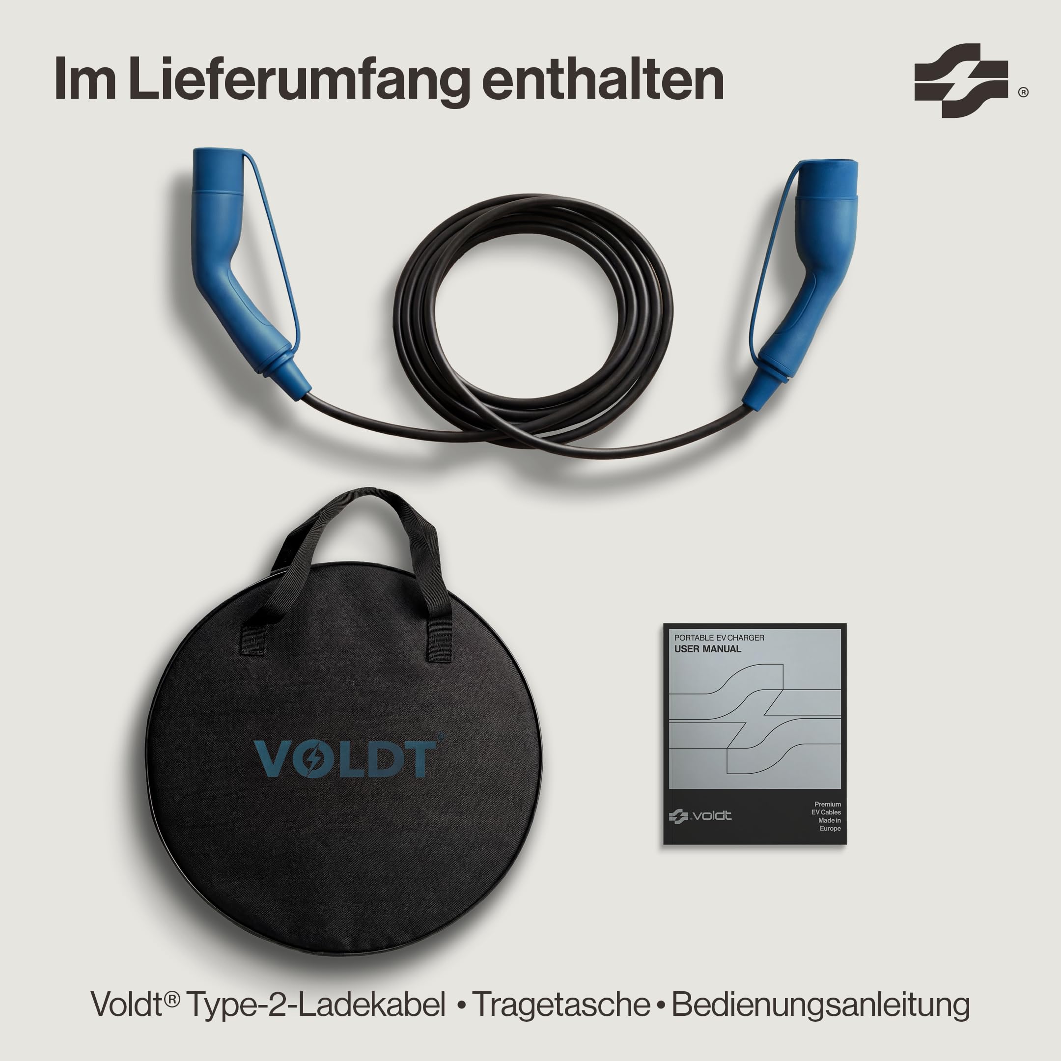 Voldt Ladekabel Typ 2 11 kW 16 A dreiphasig für Elektroautos EV PHEV, Typ 2 zu Typ 2 Modus 3, Geeignet für Modelle S/X/Y/3, ID.4, E-Tron, e-208, I4, IX1, Zoe, etc. Schutzklasse IP67
