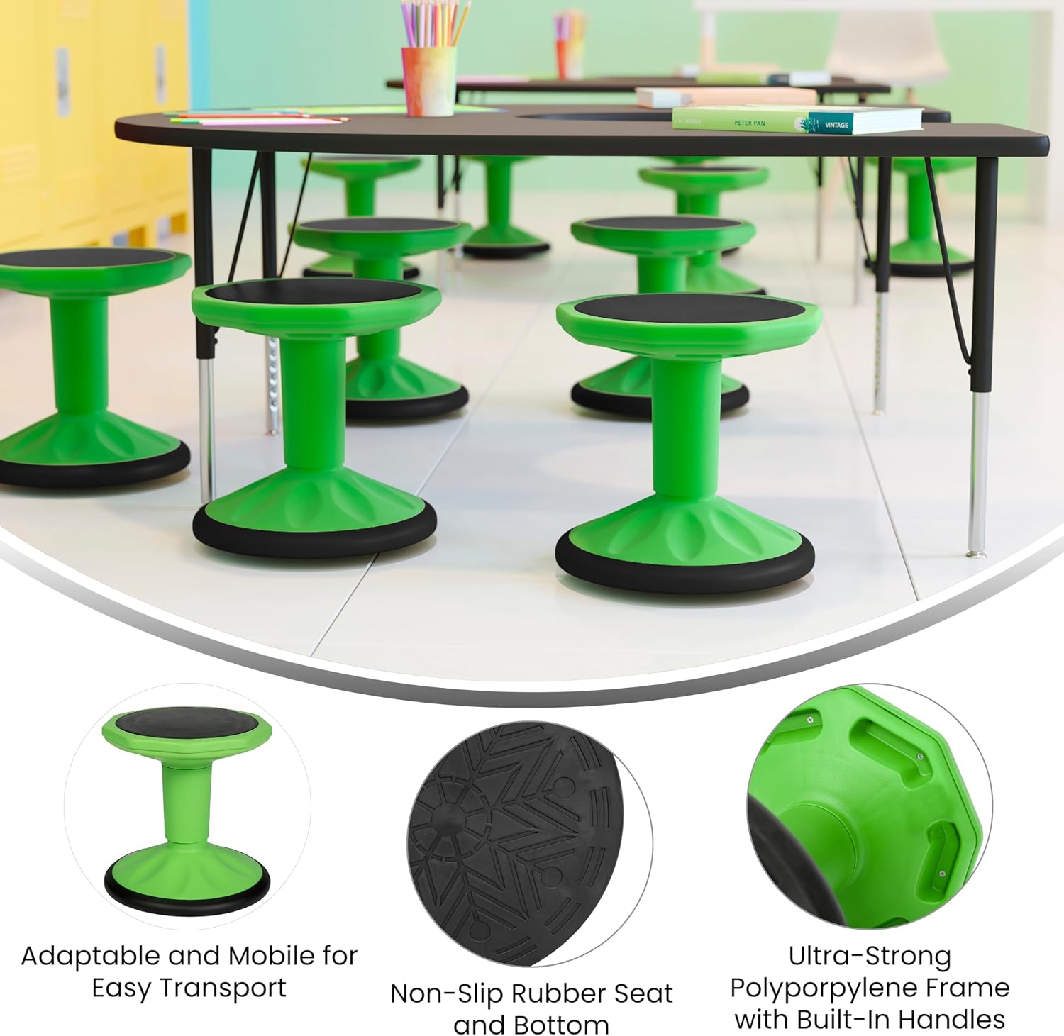 Flash Furniture Kids 14 in Stool with Non-Skid Bottom, Green | For Classroom And Home, Fixed Height, Flexible