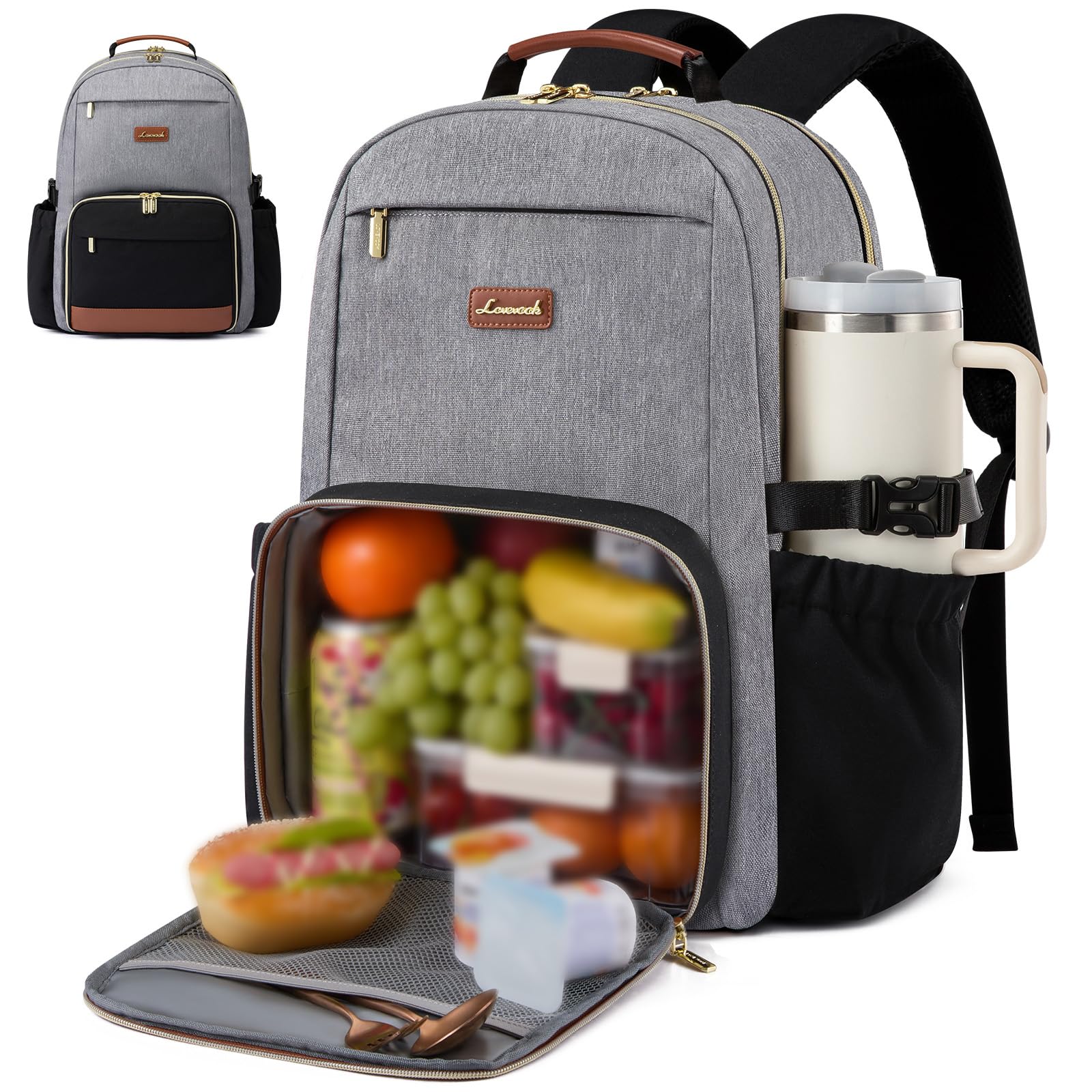 LOVEVOOK Lunch Backpack with Lunch Compartment,17 Inch Laptop Work Travel Insulated Cooler Backpack, Waterproof College Teacher Lunch Bag Box with Tumbler Holder,Gifts for Men Women,Grey-Black-Brown