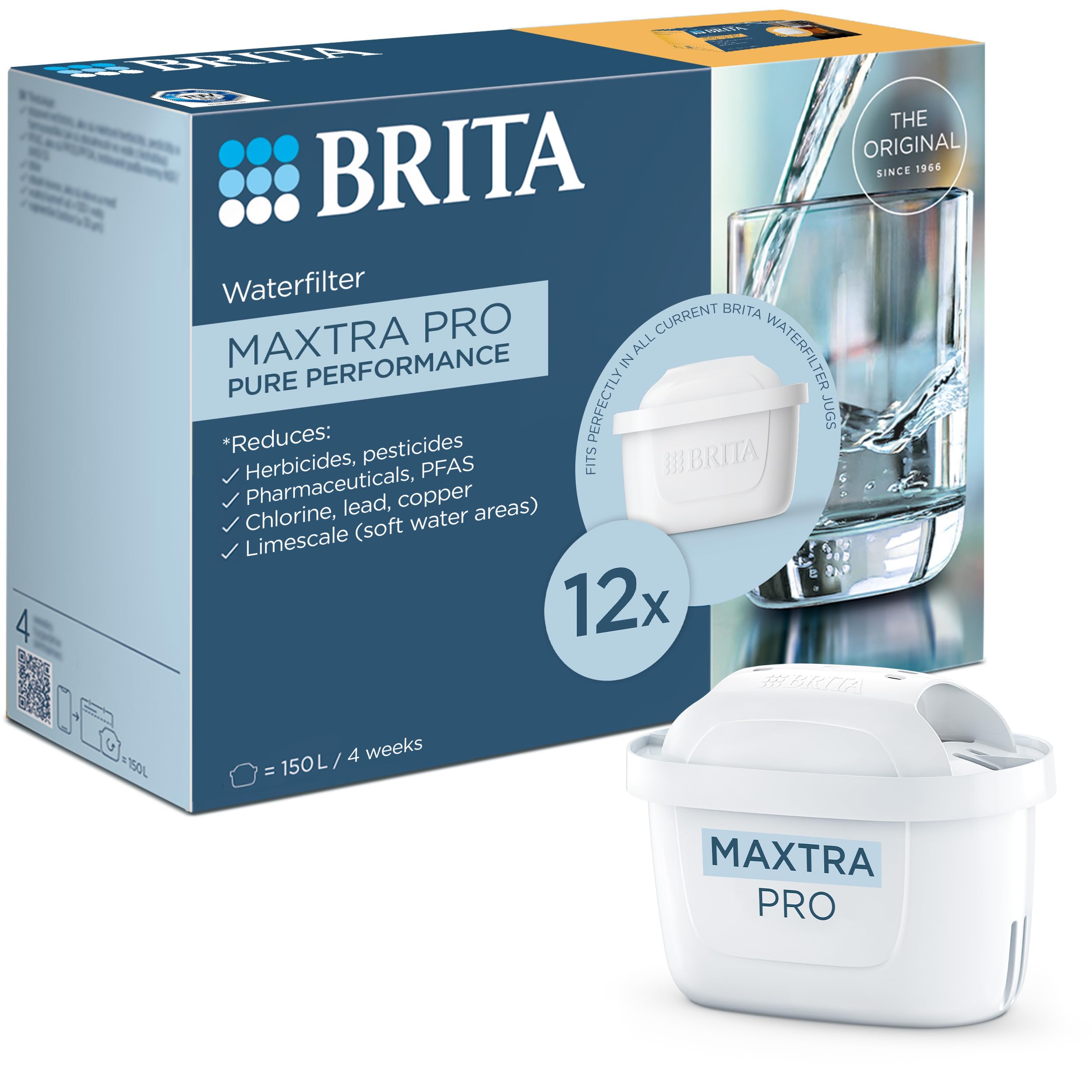 BRITA MAXTRA PRO Pure Performance Water Filter Cartridge - 12 Pack - Original BRITA Refill reducing impurities, Chlorine, PFAS, pesticides and limescale for tap Water with Better Taste
