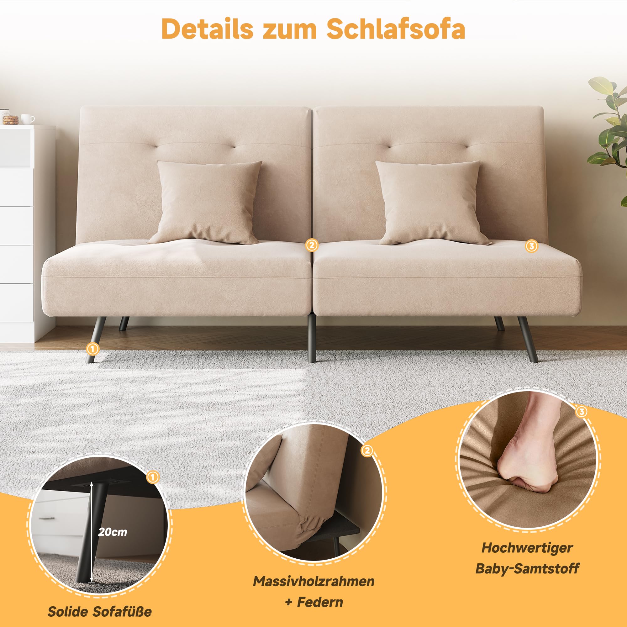 SONNI Sofá cama 3 en 1, sofá cama plegable con respaldo ajustable (100° 135° 180°), 2 cojines, función de sueño, terciopelo bebé, caqui, para salón, habitación de invitados y espacios pequeños, 180 x