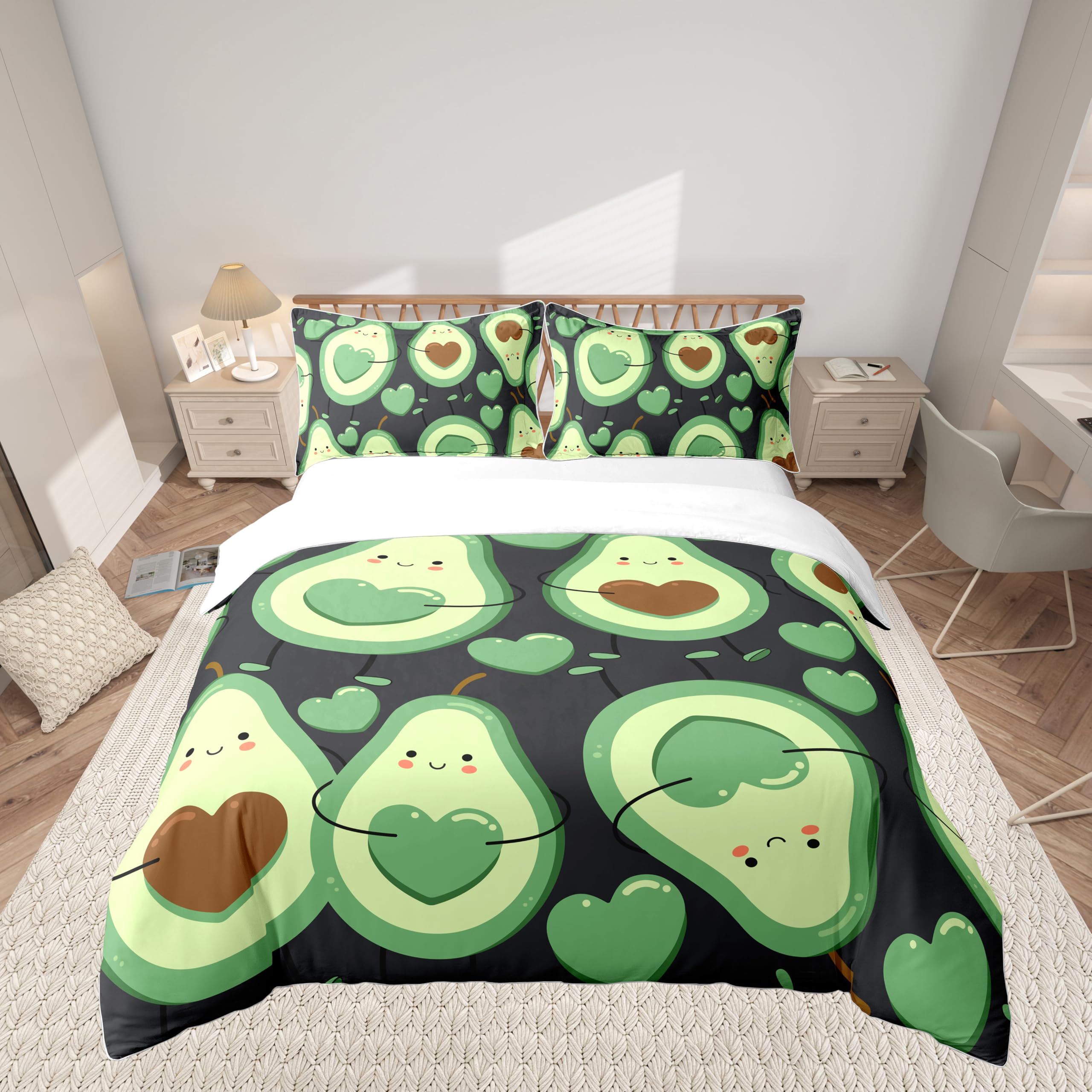 Homemissing Karikatur Avocado Bettbezug Set Süße Tropische Früchte Bettwäsche Set 135x200cm Paare Betten Set für Jungen Mädchen Kinder Teenager Liebe Schlafzimmer Dekor Grün Mit 1 Kissenbezug