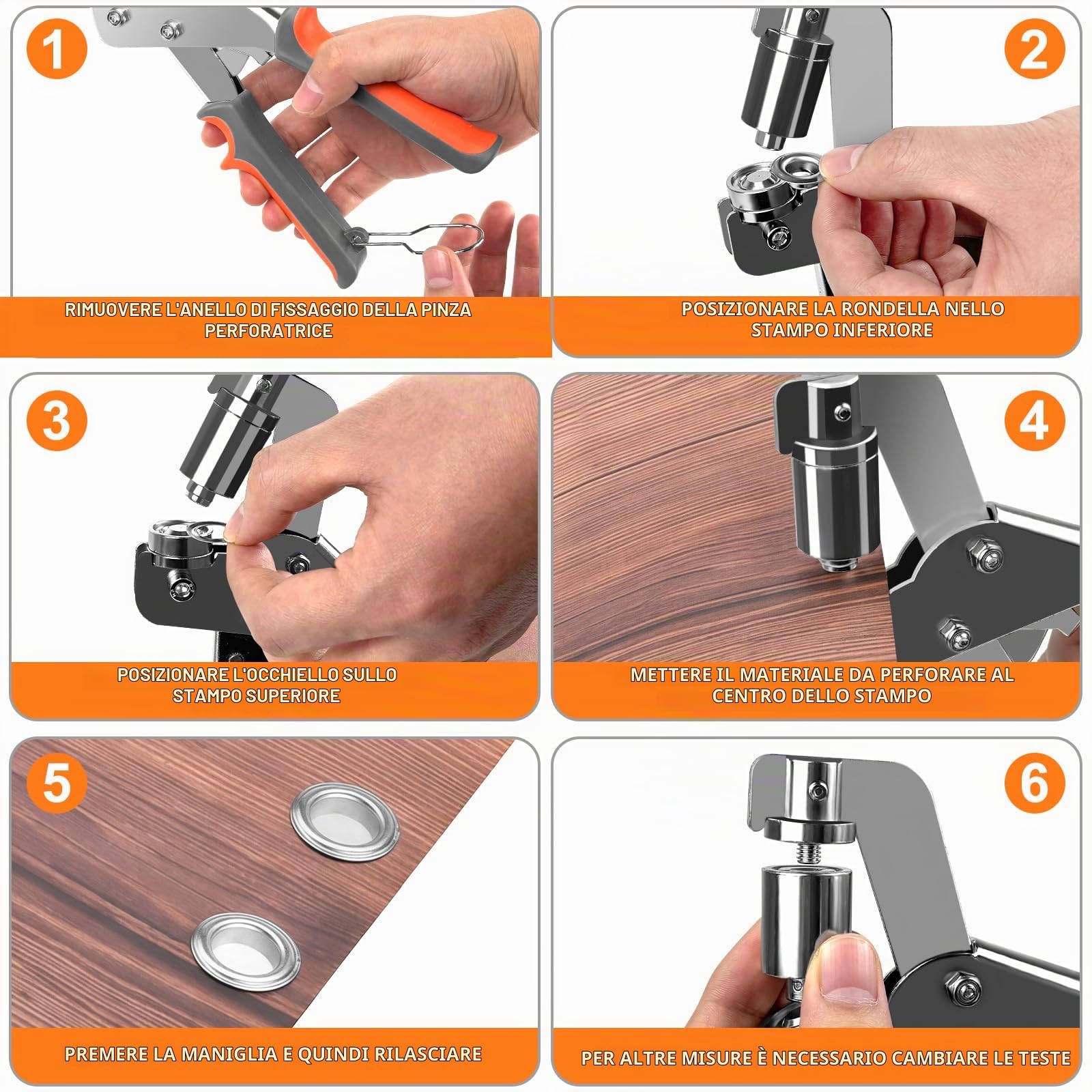 Occhielli per Teloni - Occhiellatrice per Teloni con Testa Intercambiabile, 400 Occhielli (200 Ø6mm e 200 Ø10mm), Pressa Magnetica per perforatrice, occhiellatore per Tessuti, Teloni, Cartone.