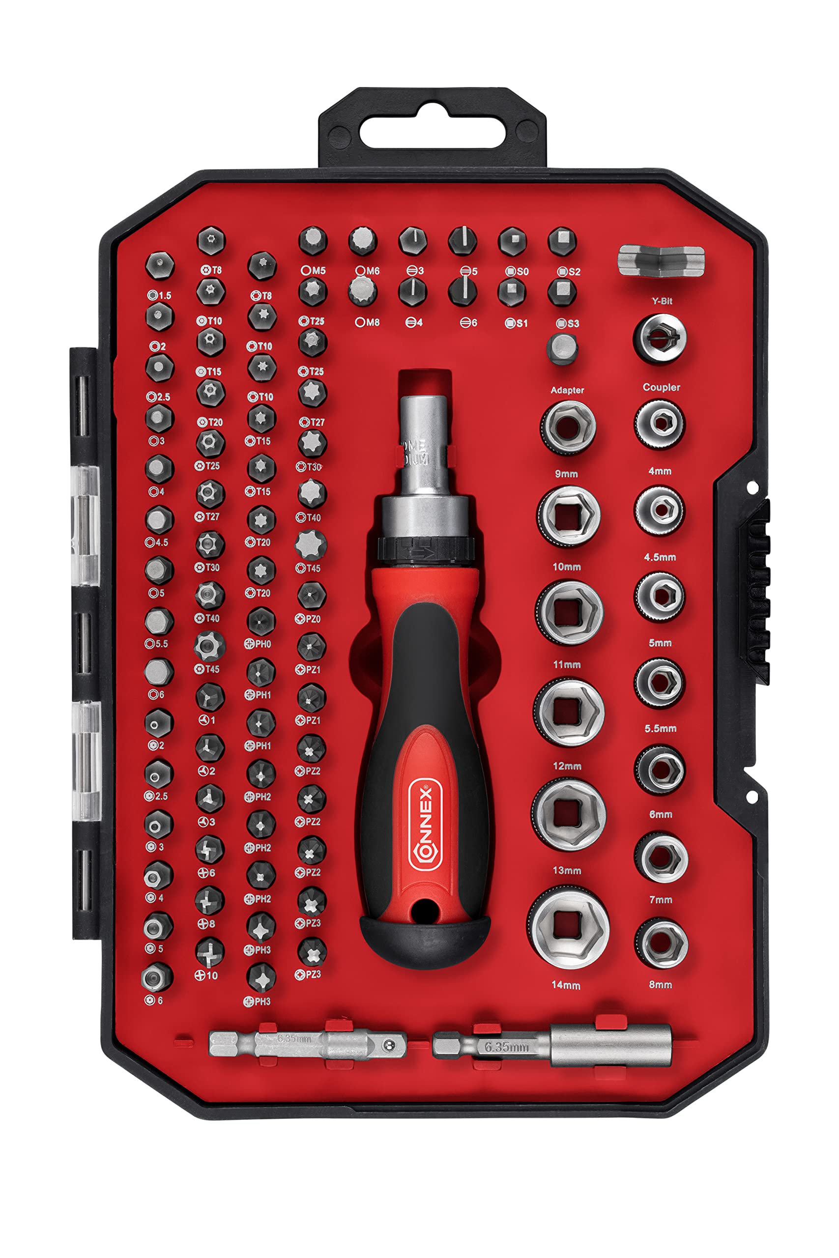 Connex COXB973989 - Set di 89 chiavi a bussola in plastica, 1/4", con cacciavite a cricchetto e portapunte magnetiche, per lavori di montaggio e avvitamento, set di punte