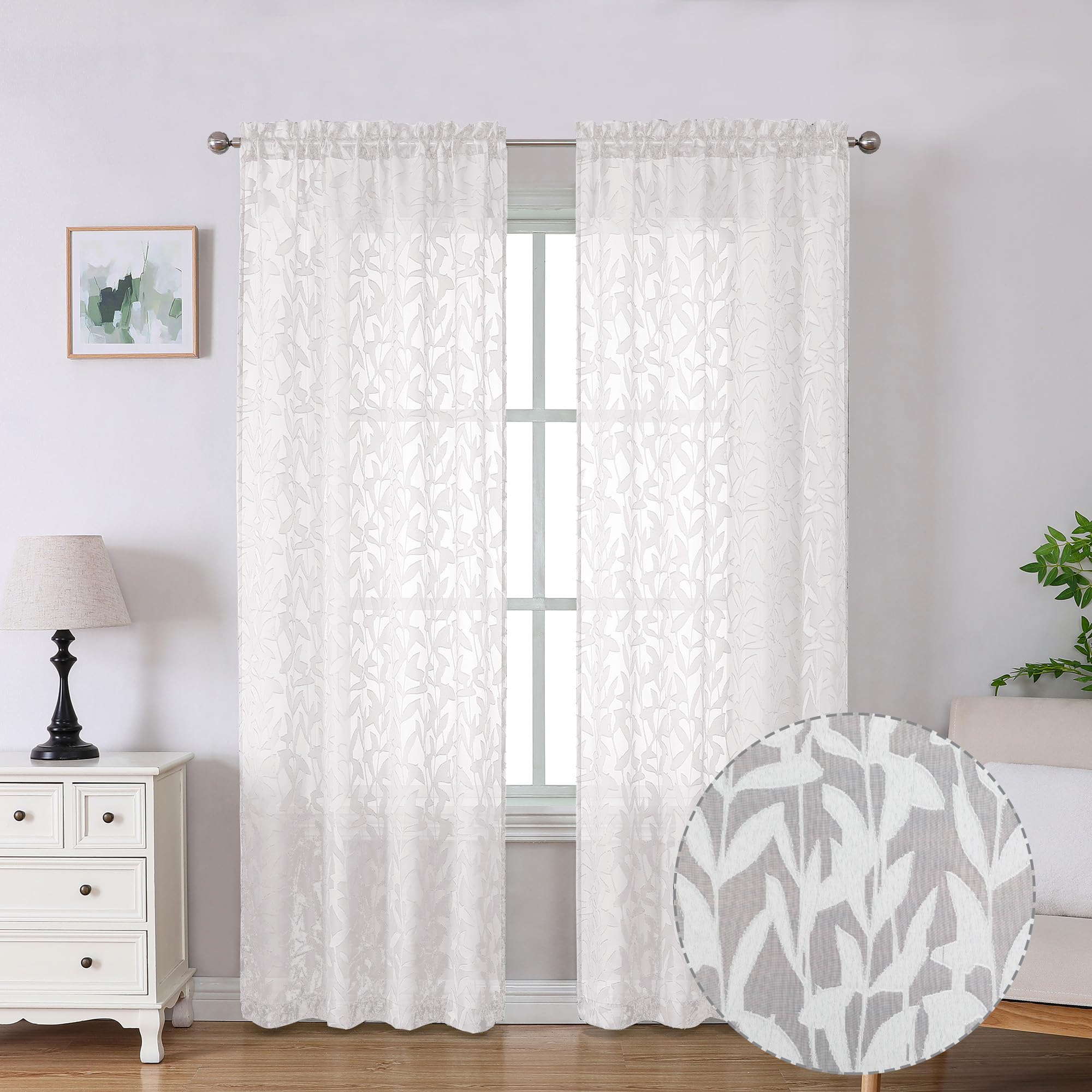 Lecloud Leia White Sheer Curtains 84 Inches Long 2 Panels, Semi Sheer Jacquard Clip Leaves Texture Dual Rod Pockets Living Room Curtains, Airy Gauzy Drapes for Bedroom, 38x84 Inch