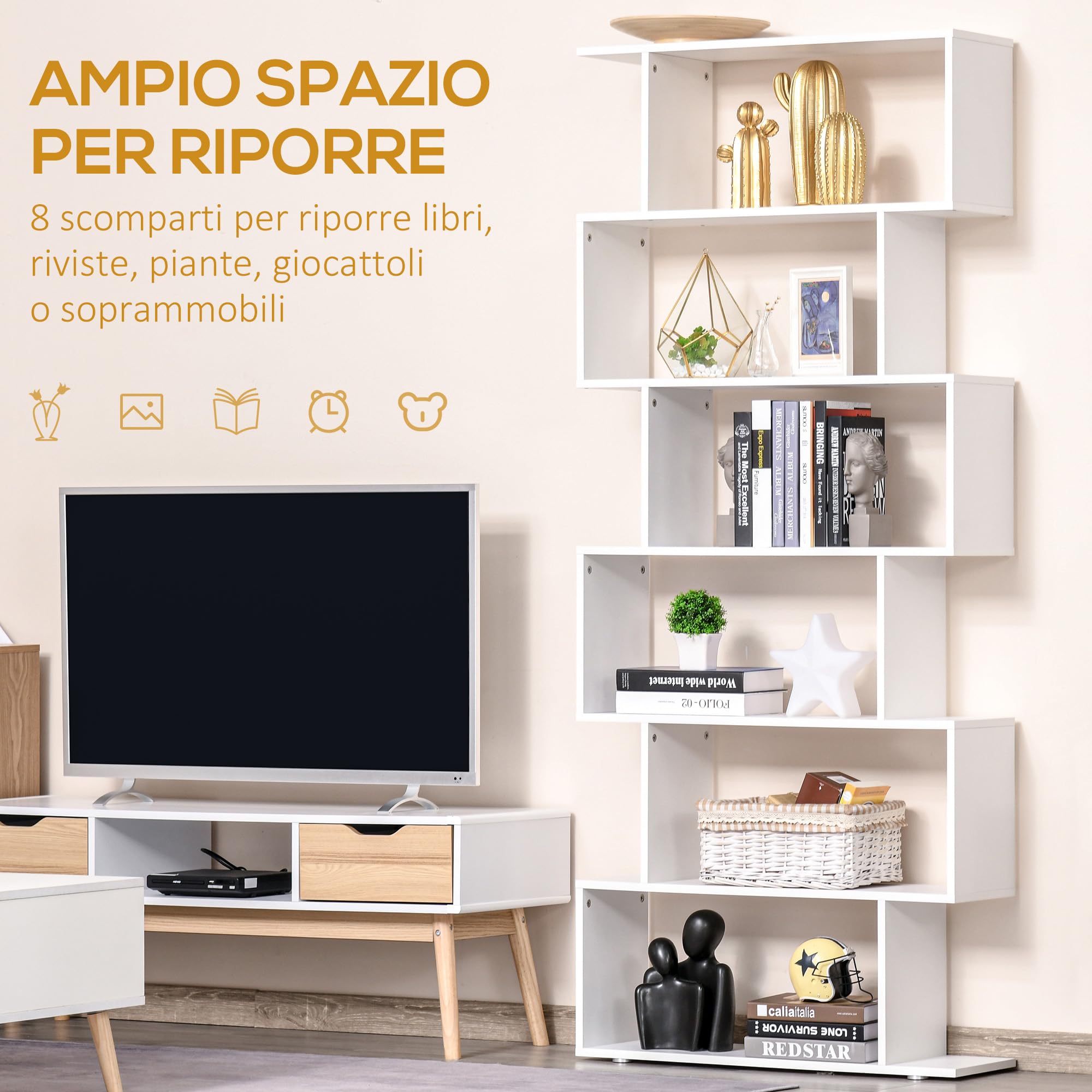 HOMCOM Libreria di Design, Libreria a Parete Bianca, 6 Ripiani Scomposti, Struttura a Zig-Zag, Moderna, Resistente, in Legno, per Salotto e Ufficio, 80x24x191cm, Bianco