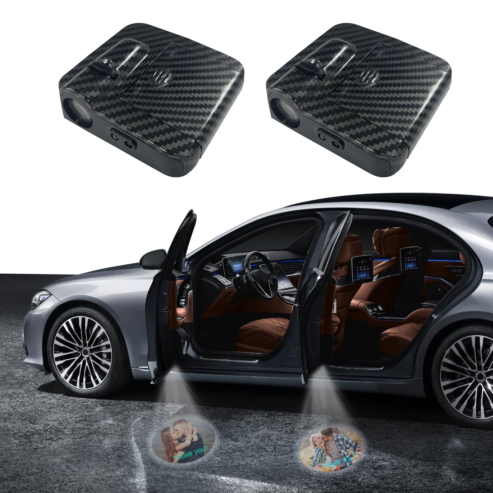 Luci Proiettori per Portiera Auto Personalizzate, Confezione da 2 Luci LED di Benvenuto Wireless con Foto e carattere Personalizzati, Proiettore Ombra Fantasma HD Universale per Tutte le Auto