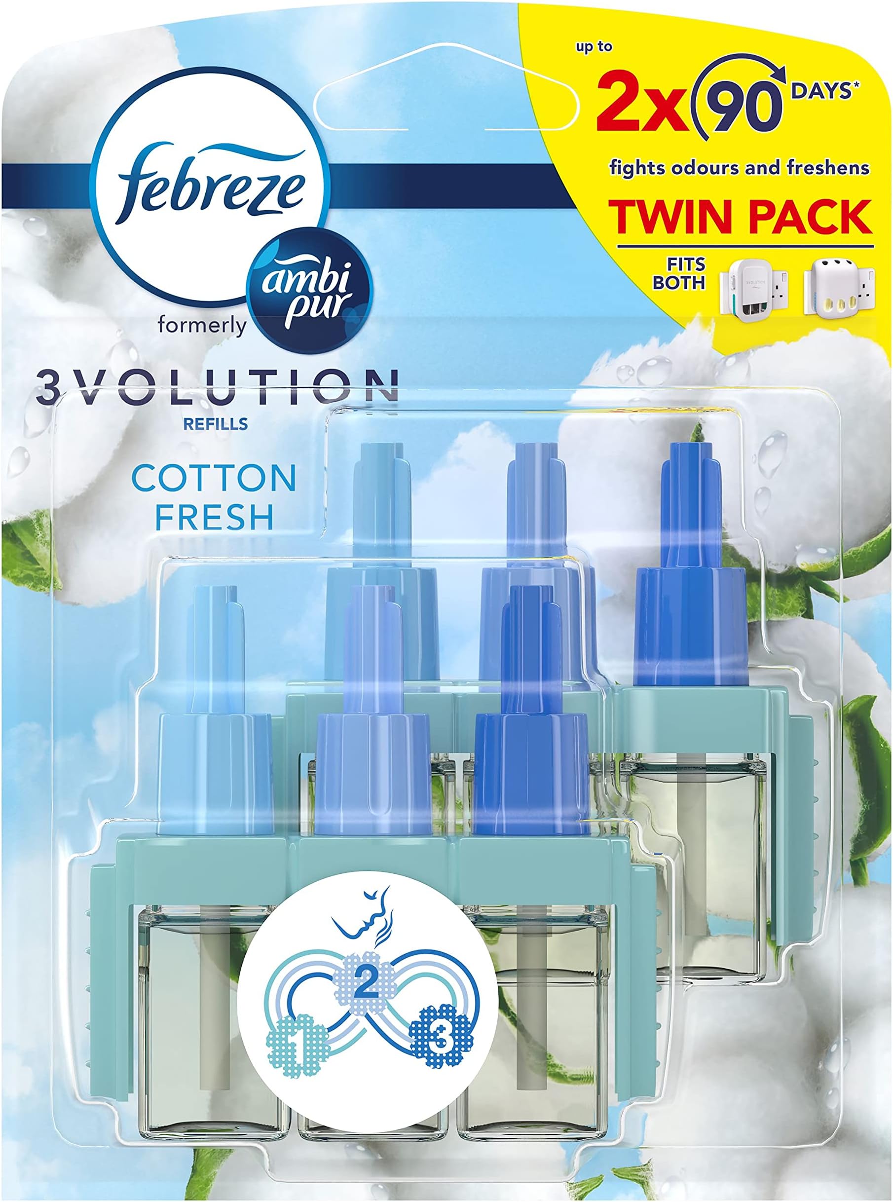 Ambi Pur 3Volution Air Freshener Plug-in Diffuser Refill, Odour Eliminator, Cotton Fresh, 40 ml, (20 ml x 2)