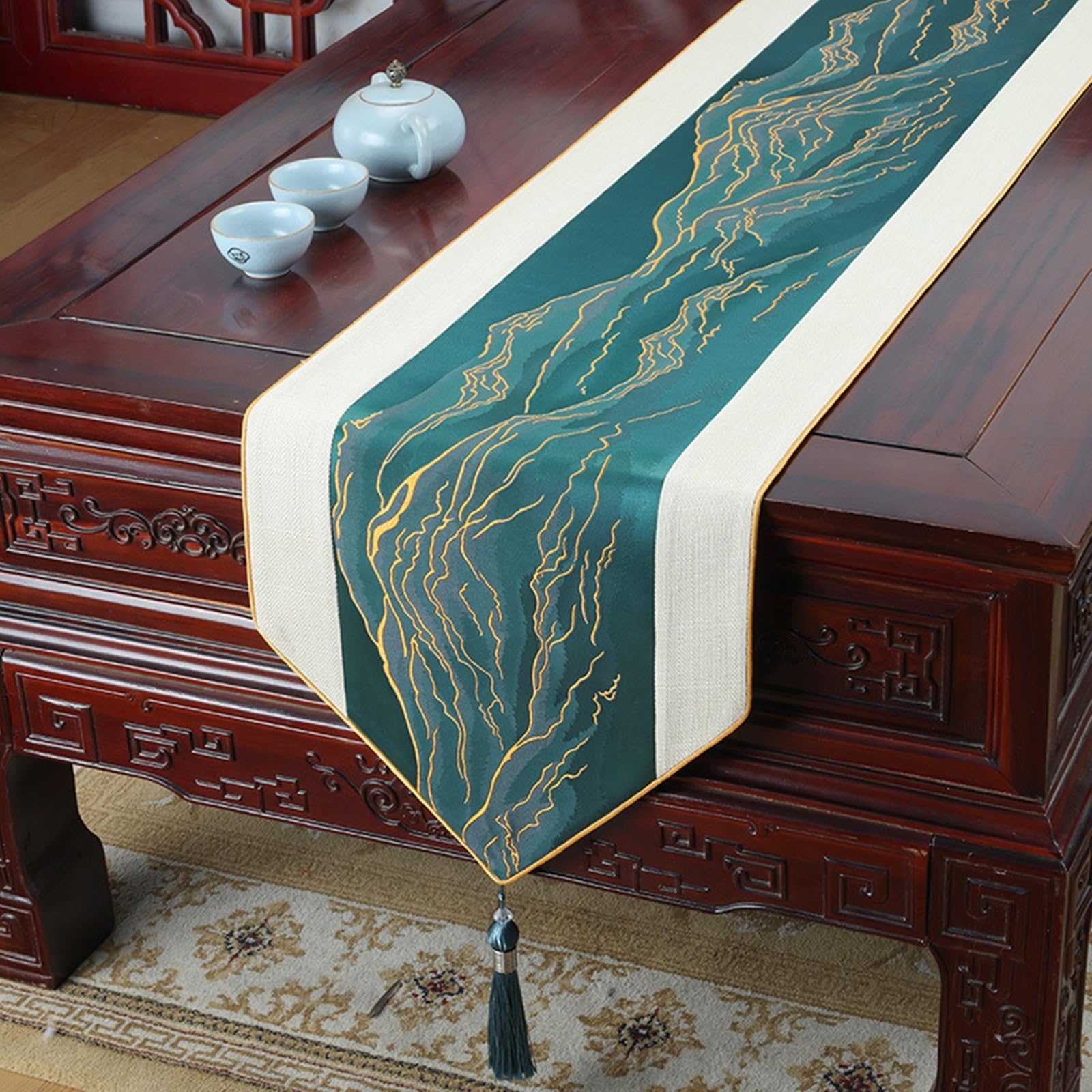 Tischläufer Polyester Landhausstil, Tischläufer Hochzeit 33x180 cm, Zen-Muster Orientalisch mit Quasten