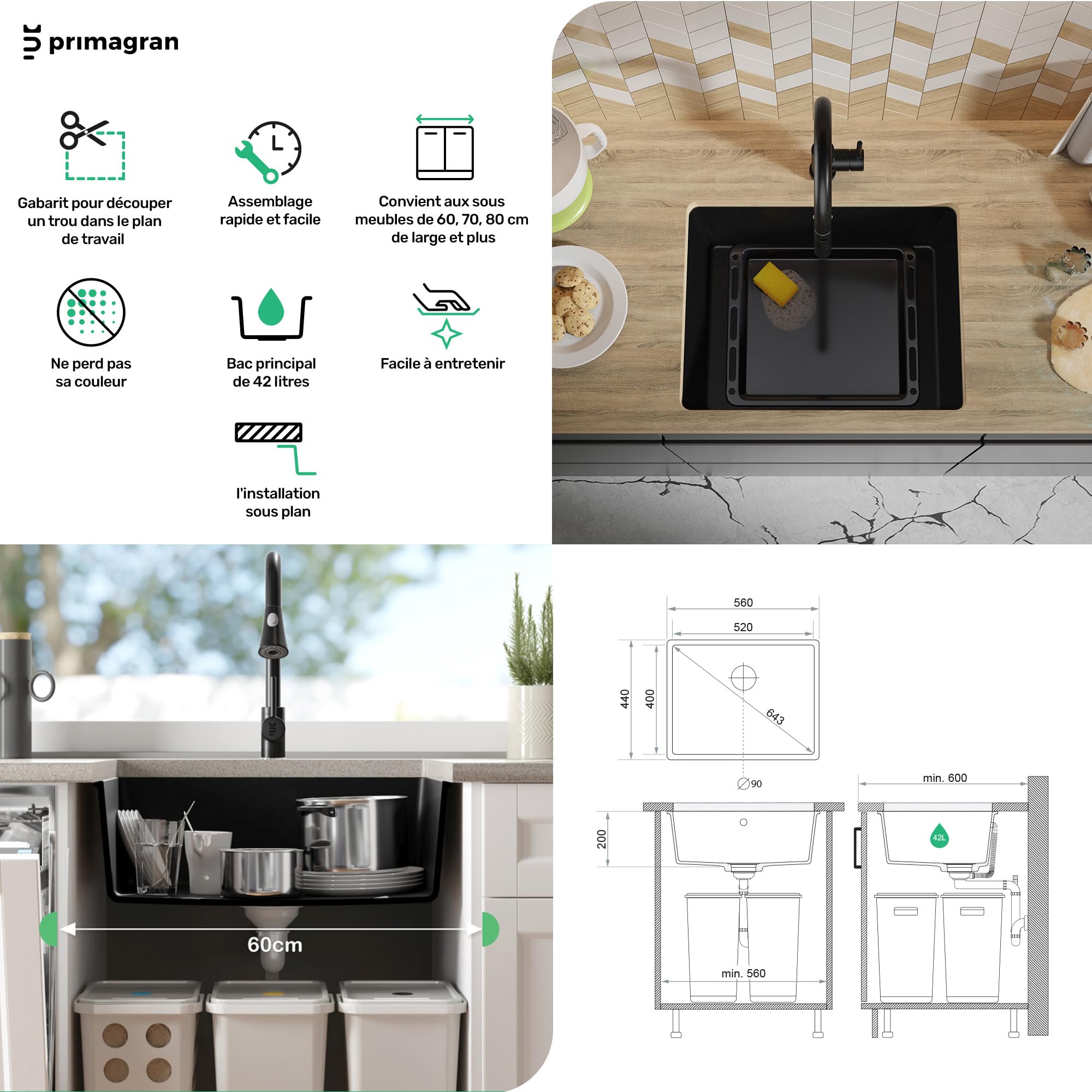 PRIMAGRAN Evier sous Plan Tout Beige - Venise, 56x44cm | Evier en Granit 1 Bac + Kit de Vidage, Évier au Meuble 60cm (S070)