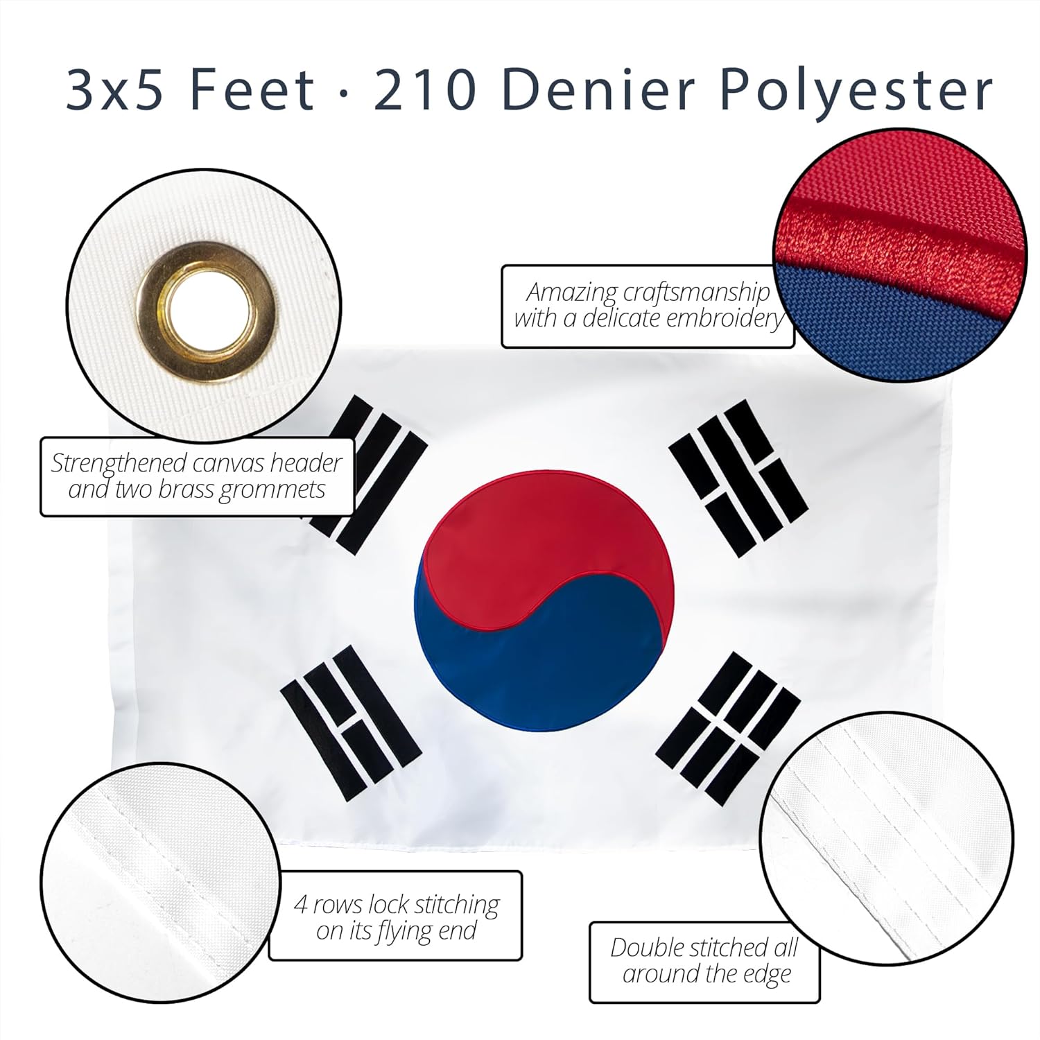 Anley EverStrong Series South Korea Flag 3x5 Foot Heavy Duty - Embroidered and Sewn Stripes - 4 Rows of Lock Stitching - S Korean National Flags with Brass Grommets 3 X 5 Ft