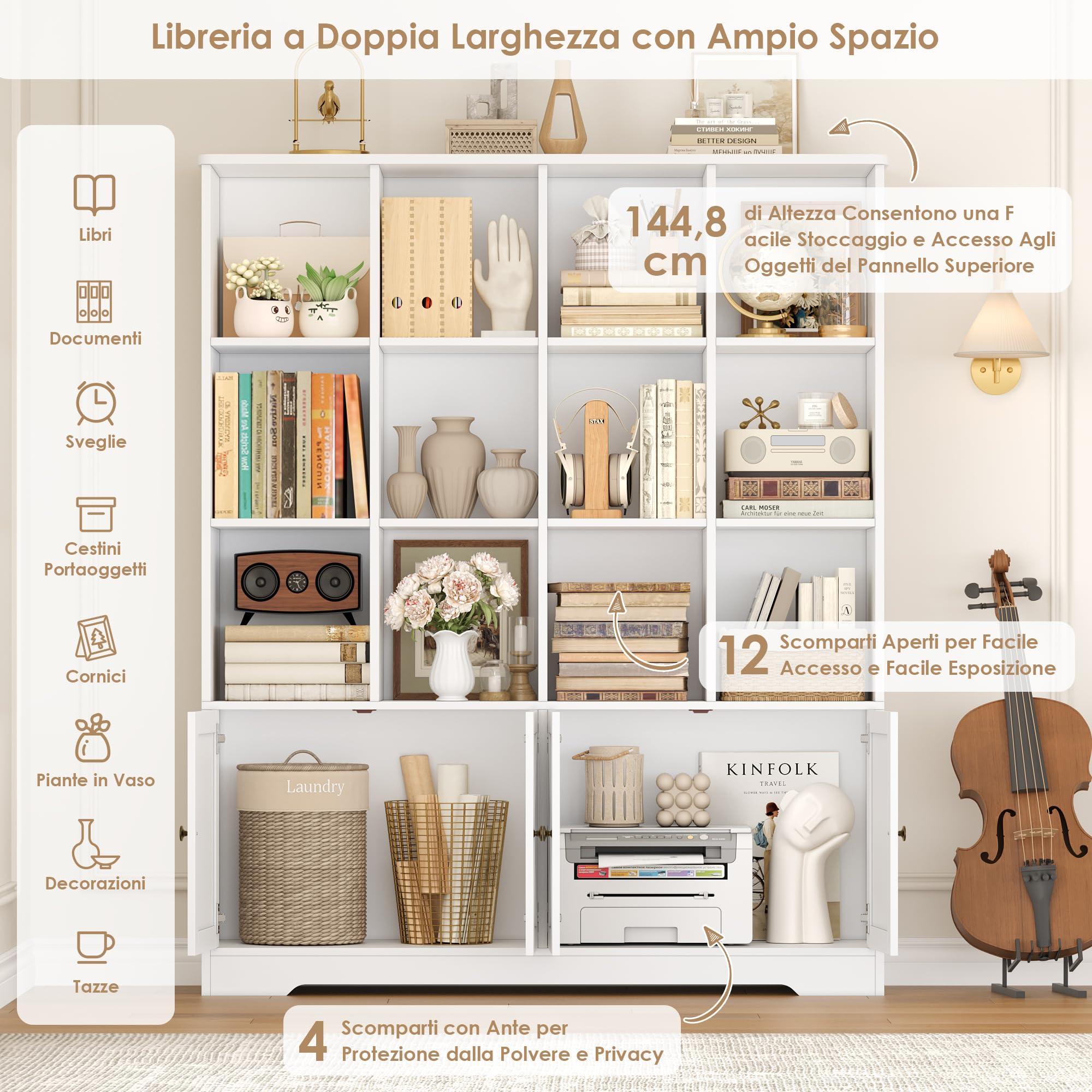 FirFurd 144.8cm Libreria, Libreria da Parete a 12 Scomparti, Bianco