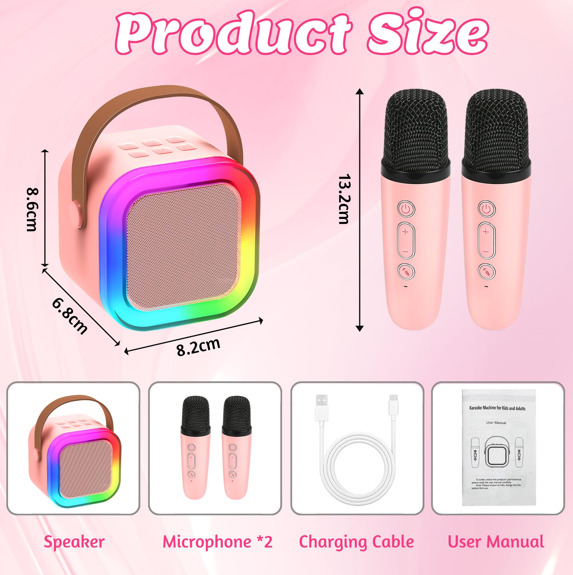 Chennyfun Karaoke Machine 2 mikrofony, Mini Karaoke Machine, przenośny głośnik Bluetooth z efektami zmiany głosu i światłami LED, najlepszy prezent urodzinowy dla dziewczynek i chłopców