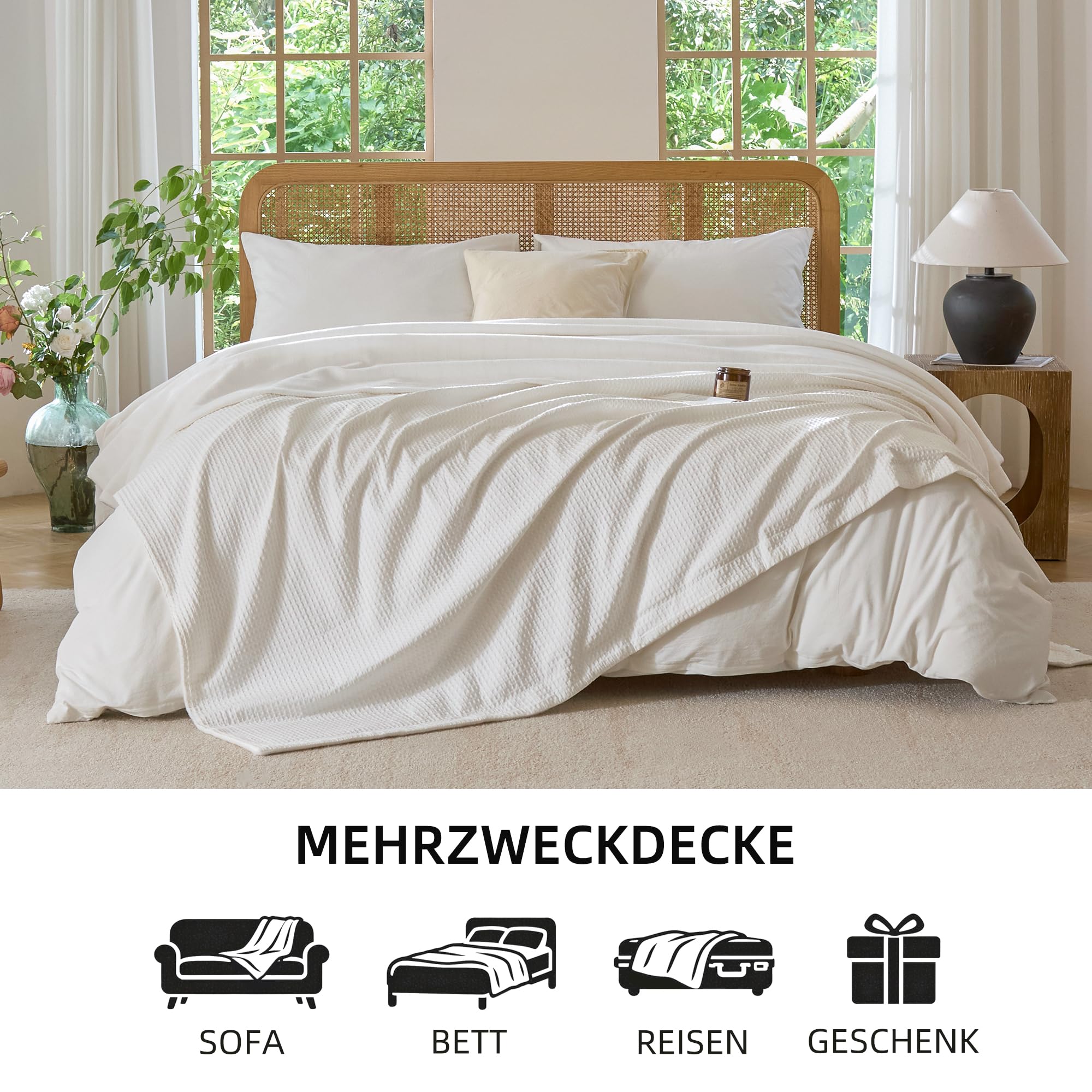 CHUFFED Baumwolldecke Kuscheldecke 220x240 cm, Beidseitig Baumwolle Waffledecke & Milchsamt, Weiche Flauschige Warme Anti-Static Tagesdecke Sofadecke Couchdecke Wohndecke Für Sofa Couch Bett Weiß