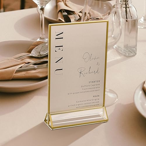 Miniatura 8 de UNIQOOO Soportes acrílicos para letreros con borde dorado, vista de retrato, paquete de 12 unidades, marco transparente de doble cara de 5 x 7