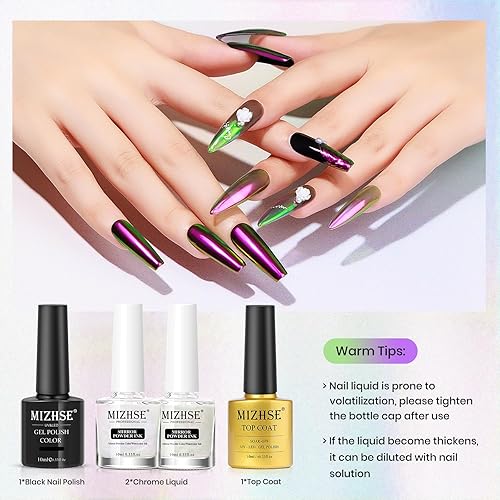 Miniatura 6 de MIZHSE Líquido de uñas cromado iridiscente, 0.3 onzas líquidas con base y capa superior negra, efecto espejo mágico, polvo cromado Aurora brillante