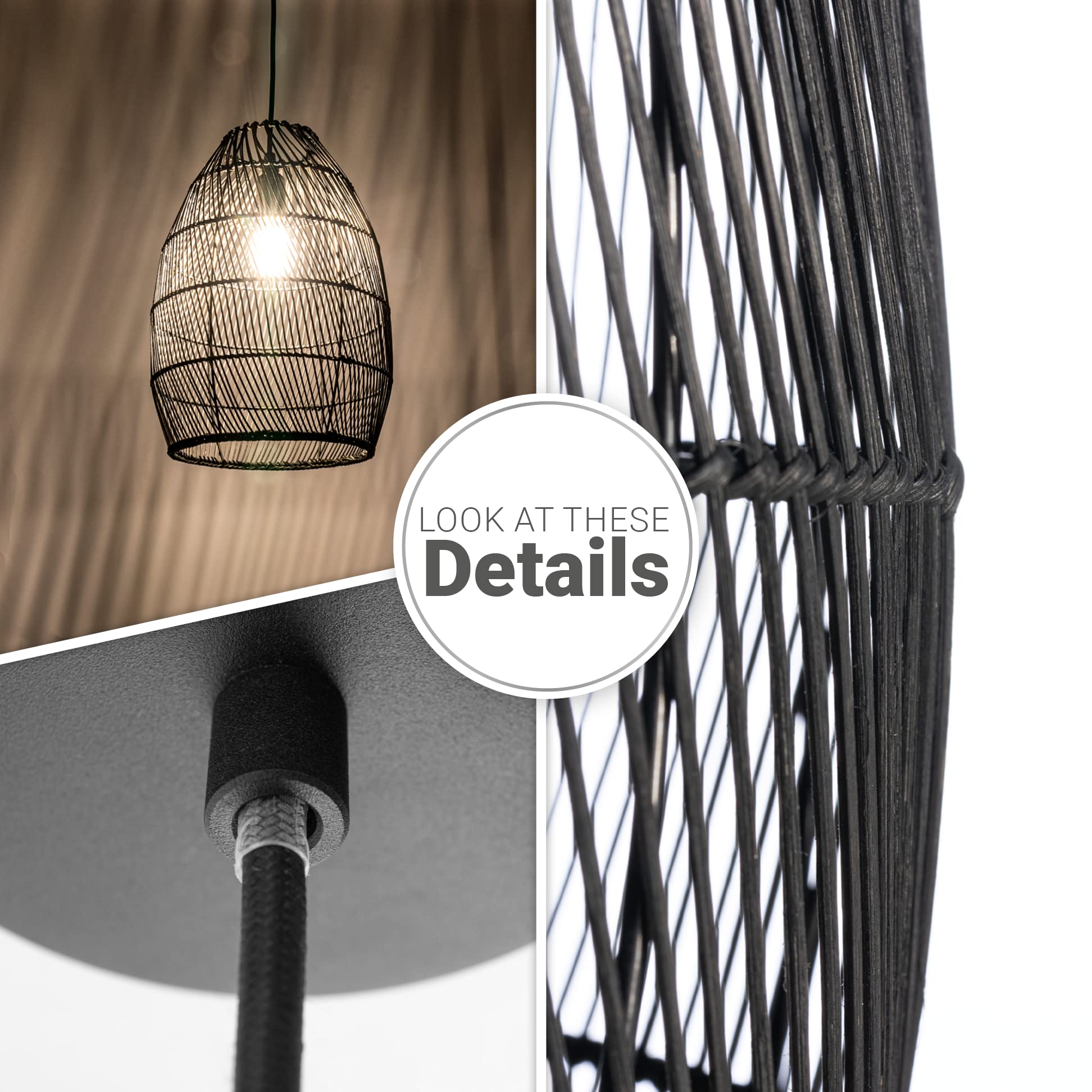 Paco Home Pendelleuchte Wohnzimmer Boho Korbleuchten Pendellampe Rattan Hängeleuchte Esszimmer Lampe Papier E27, Lampenart:Pendelleuchte - Typ 2, Farbe:Schwarz (Ø30cm)