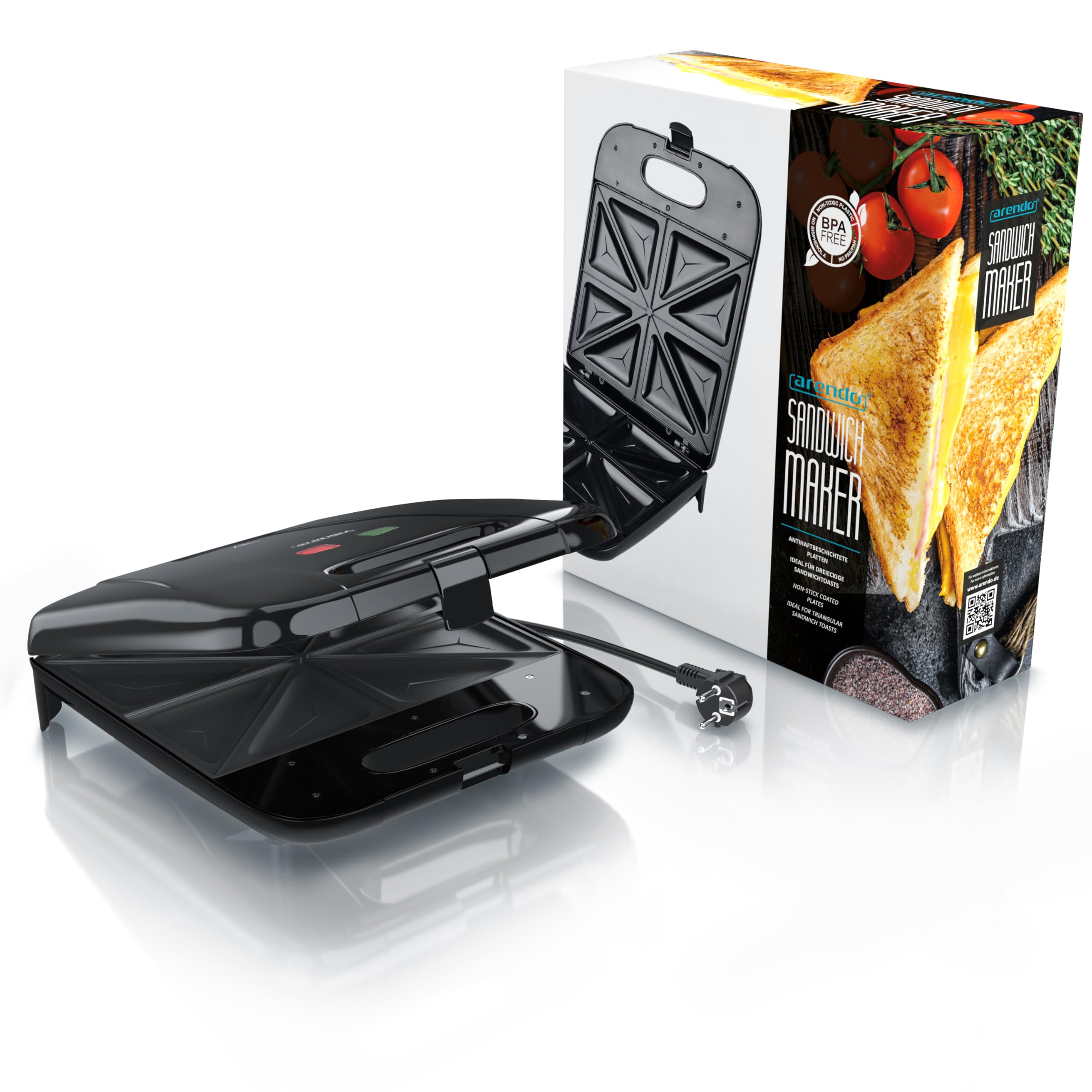 Arendo - Sandwichmaker XXL – für 4 Sandwiches – 1400 W – Sandwichtoaster mit Antihaftbeschichtung – Schnellaufheizung – automatische Temperaturregelung – integrierte Kabelaufwicklung – rutschfeste Füß